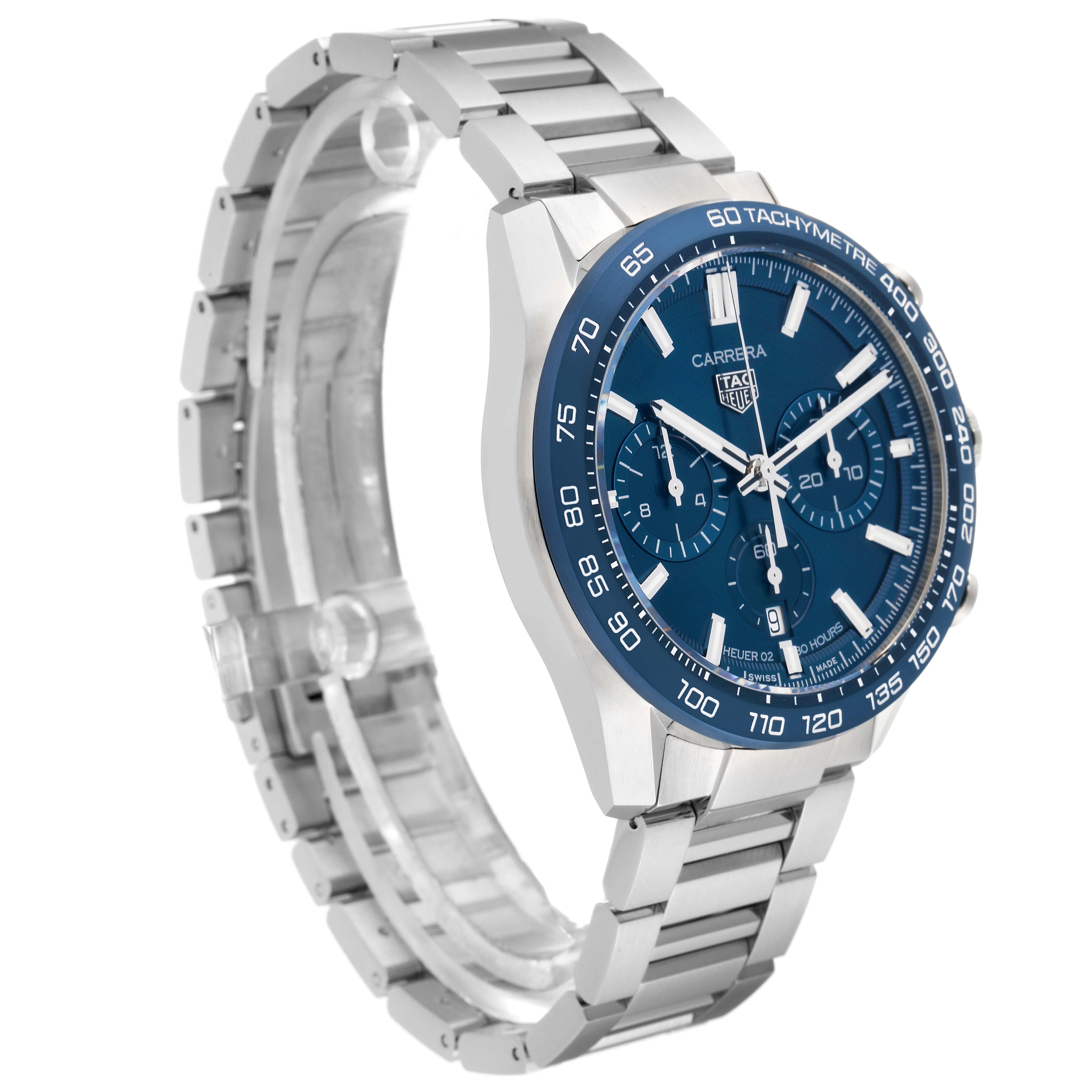 The image shows a Tag Heuer Carrera CBN2A1A.BA0643 Men's Stainless Steel Blue Dial CBN2A1A.BA0643 Men's Stainless Steel Blue Dial watch from a front angle, highlighting its blue dial, tachymeter bezel, and stainless steel bracelet.