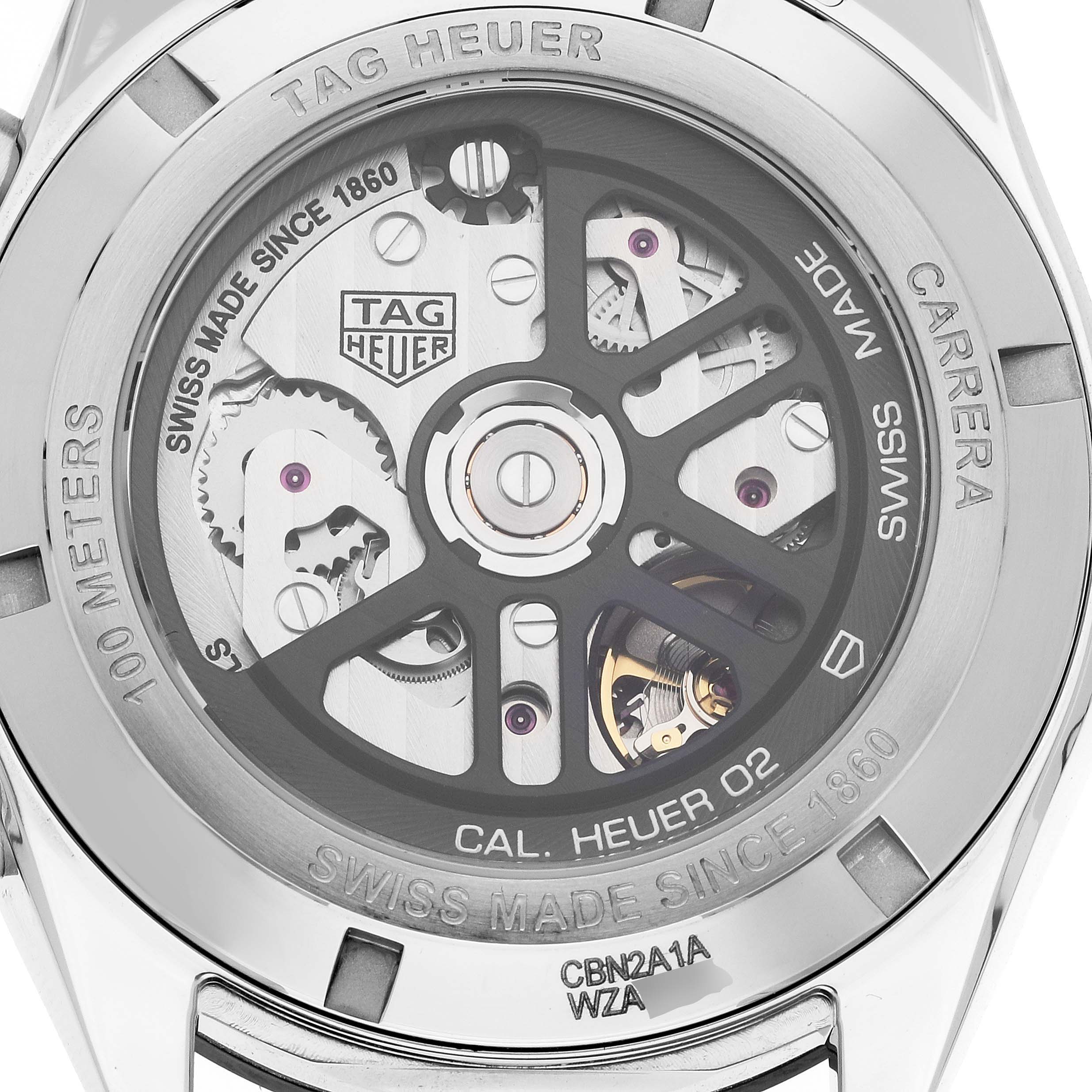 The image shows the back view of a Tag Heuer Carrera CBN2A1A.BA0643 Men's Stainless Steel Blue Dial CBN2A1A.BA0643 Men's Stainless Steel Blue Dial watch, focusing on its exposed movement and intricate internal mechanics.