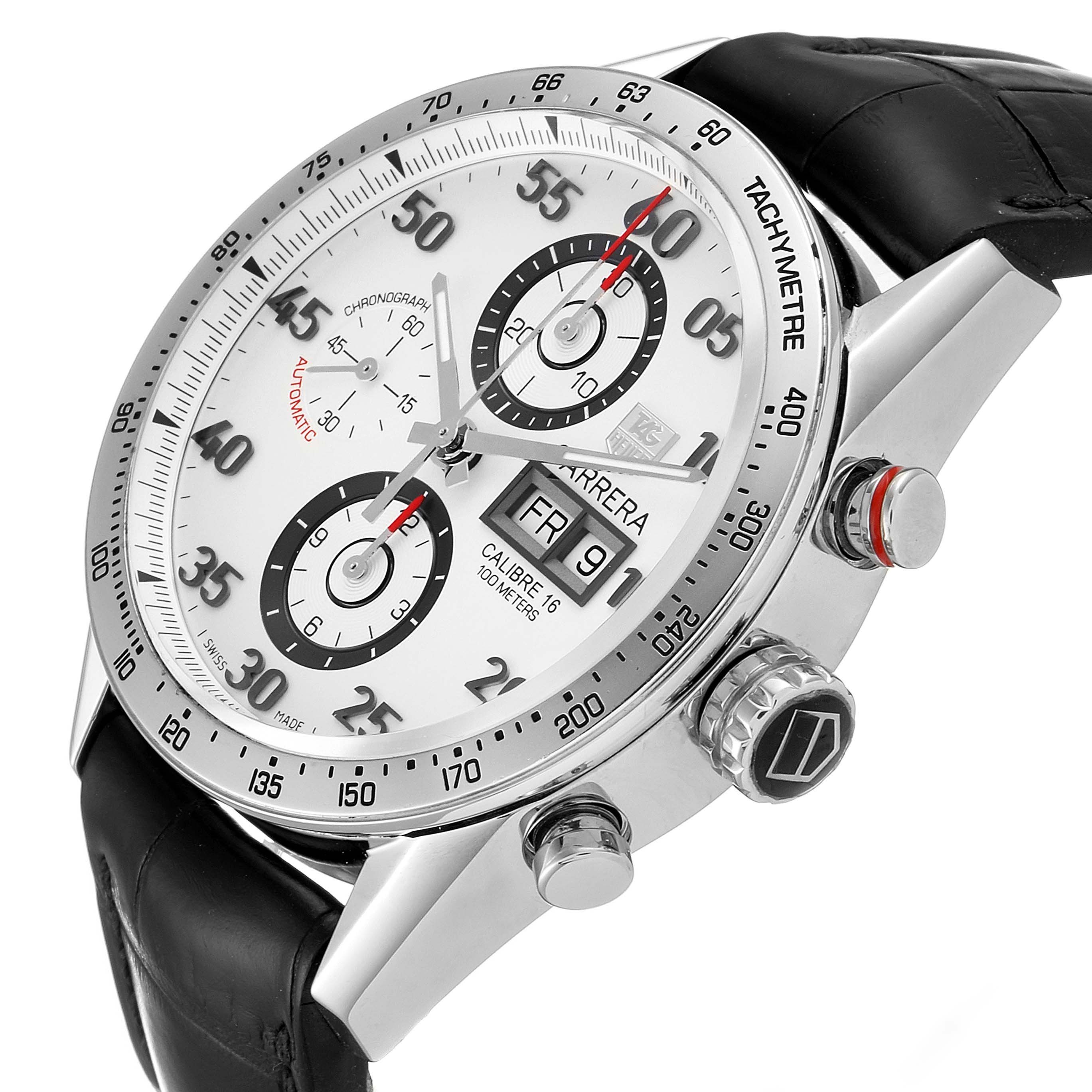 The Tag Heuer Carrera CV2A11 Men's Stainless Steel Silver Dial CV2A11 Men's Stainless Steel Silver Dial watch is shown at an angle, highlighting its face, crown, and pushers on a black leather strap.