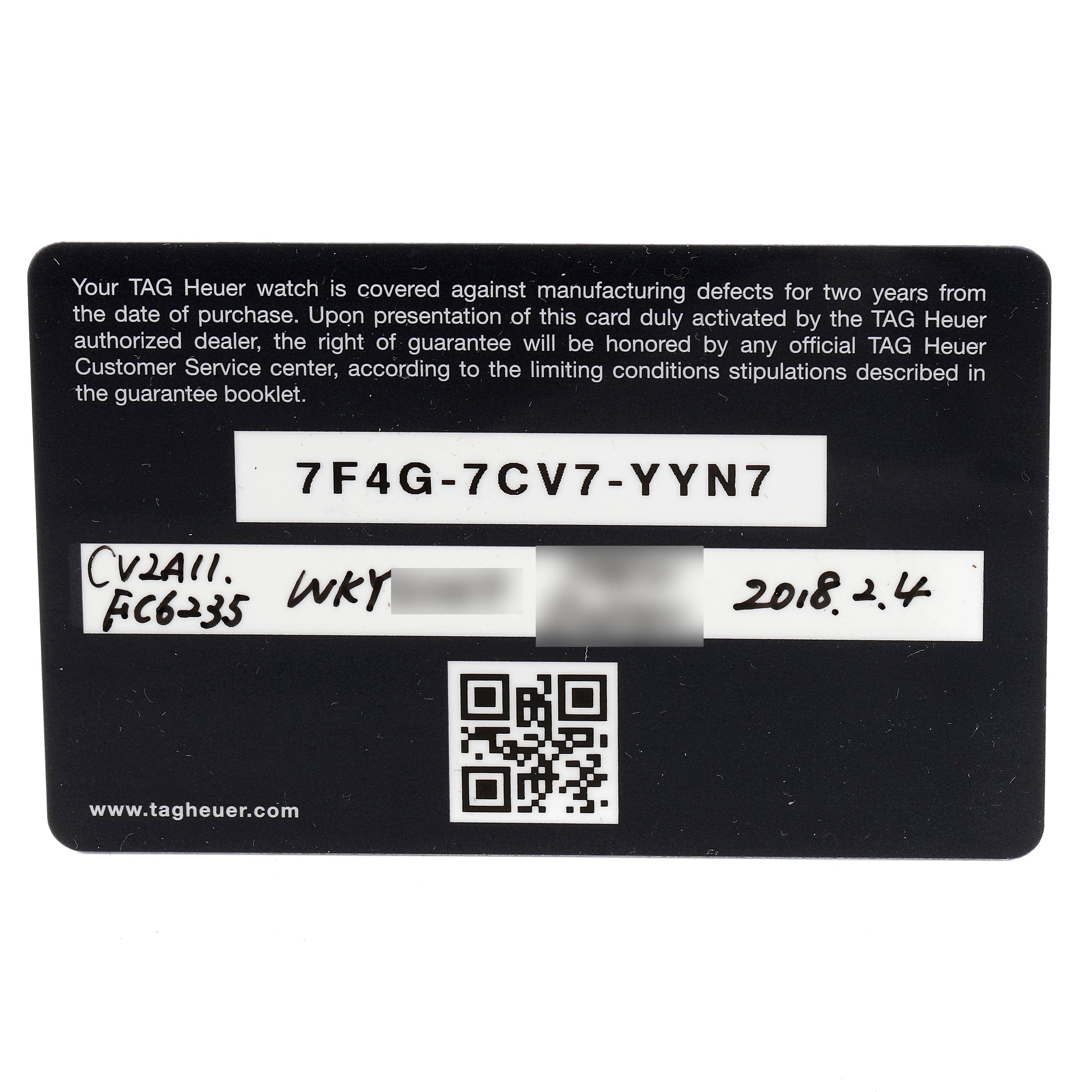 This image shows the warranty card for a Tag Heuer Carrera CV2A11 Men's Stainless Steel Silver Dial CV2A11 Men's Stainless Steel Silver Dial model watch.