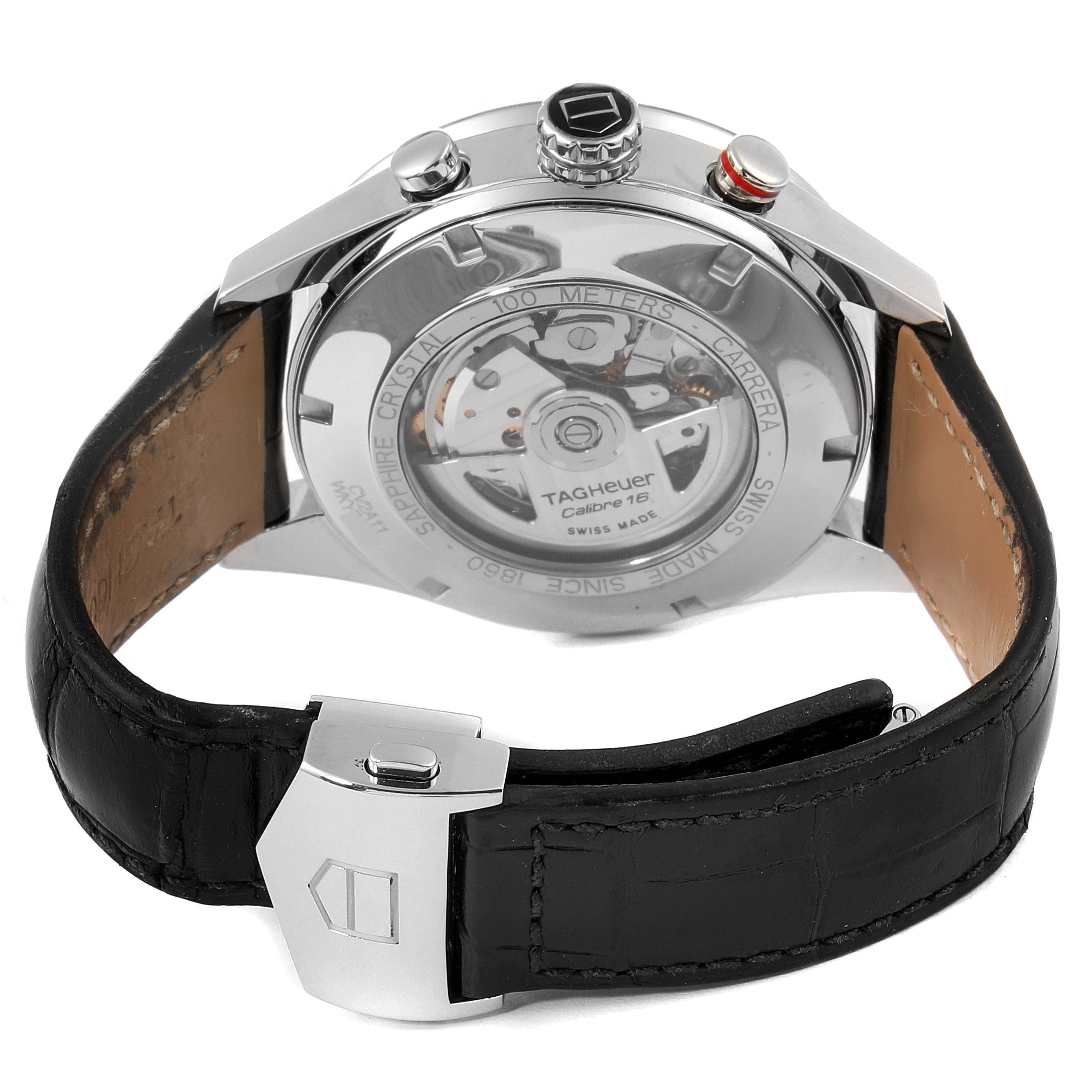 The image shows the back view of a Tag Heuer Carrera CV2A11 Men's Stainless Steel Silver Dial CV2A11 Men's Stainless Steel Silver Dial watch, highlighting the automatic movement and leather strap.