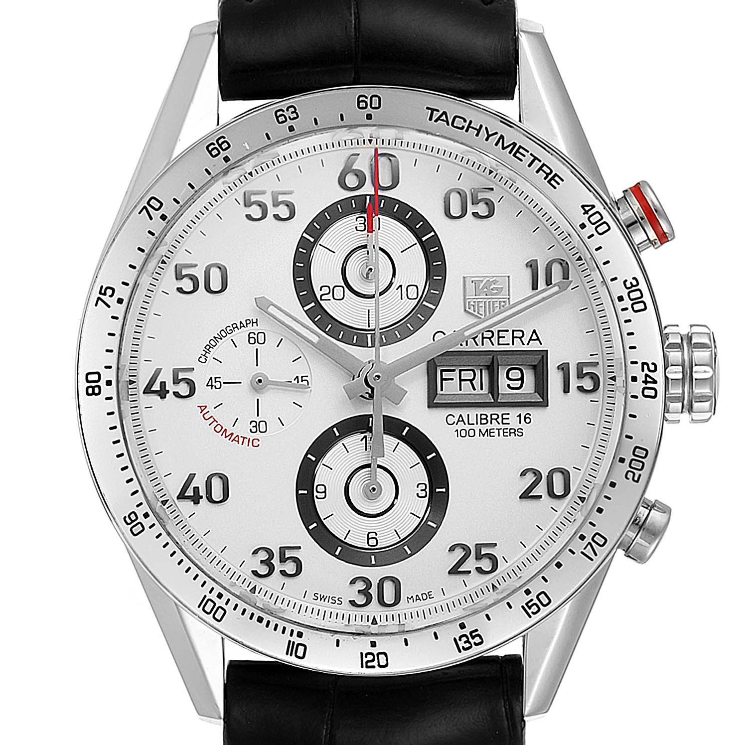 The image shows a frontal view of the Tag Heuer Carrera CV2A11 Men's Stainless Steel Silver Dial CV2A11 Men's Stainless Steel Silver Dial watch, showcasing its dial, tachymeter bezel, and subdials.
