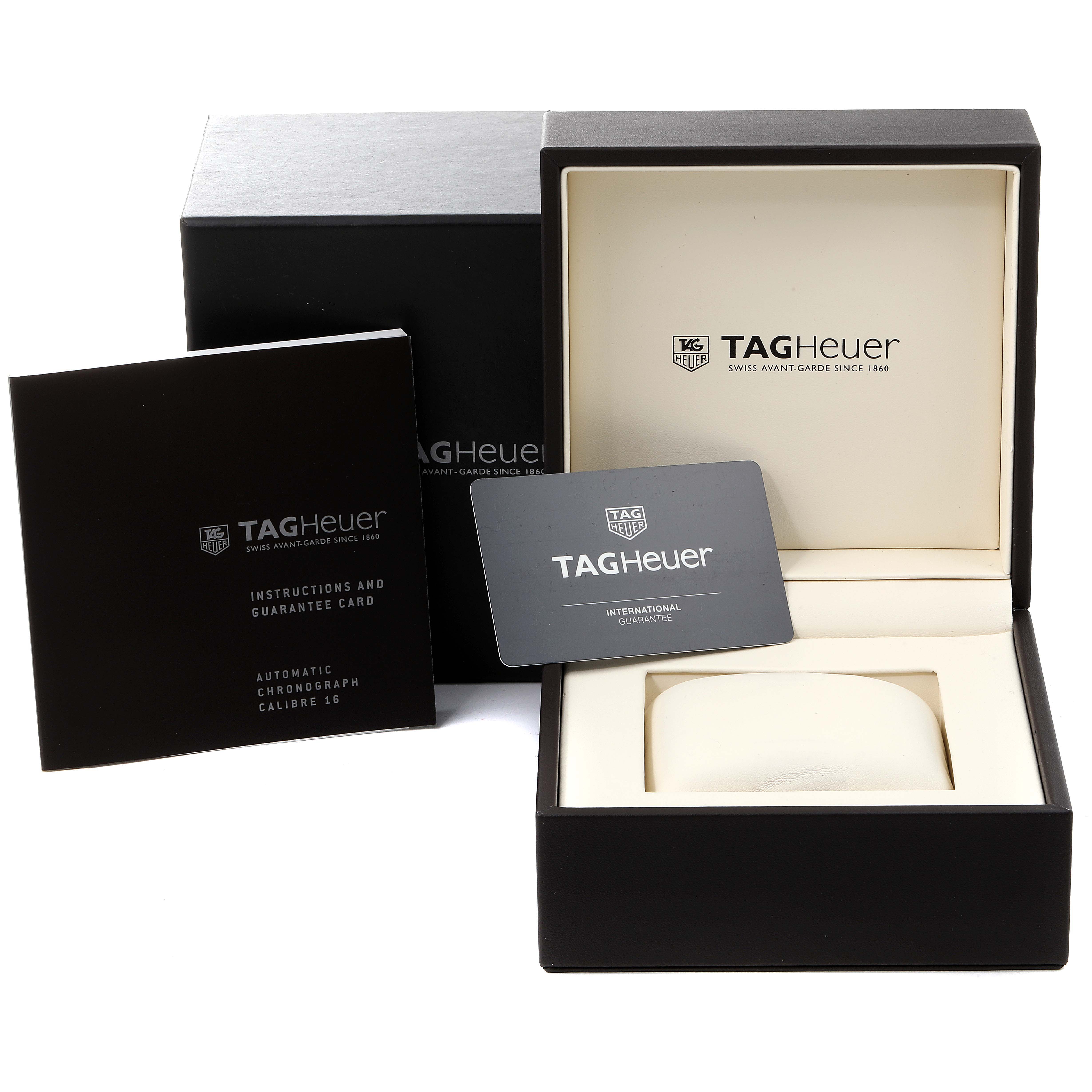 The image shows a Tag Heuer Carrera CV2A11 Men's Stainless Steel Silver Dial CV2A11 Men's Stainless Steel Silver Dial watch box, instruction manual, and guarantee card from a front angle.