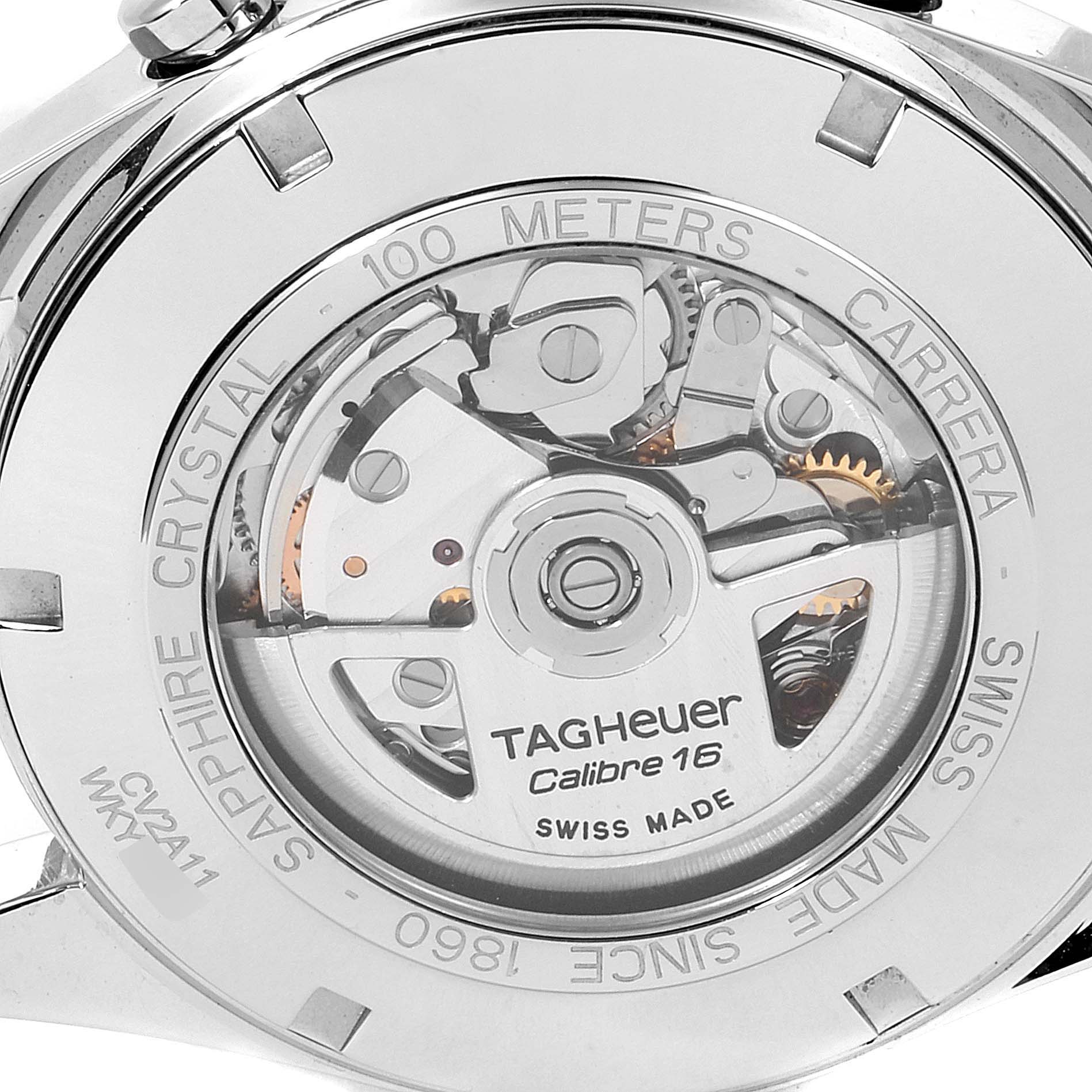 This image shows the back view of a Tag Heuer Carrera CV2A11 Men's Stainless Steel Silver Dial CV2A11 Men's Stainless Steel Silver Dial watch, highlighting its Calibre 16 movement and engravings.