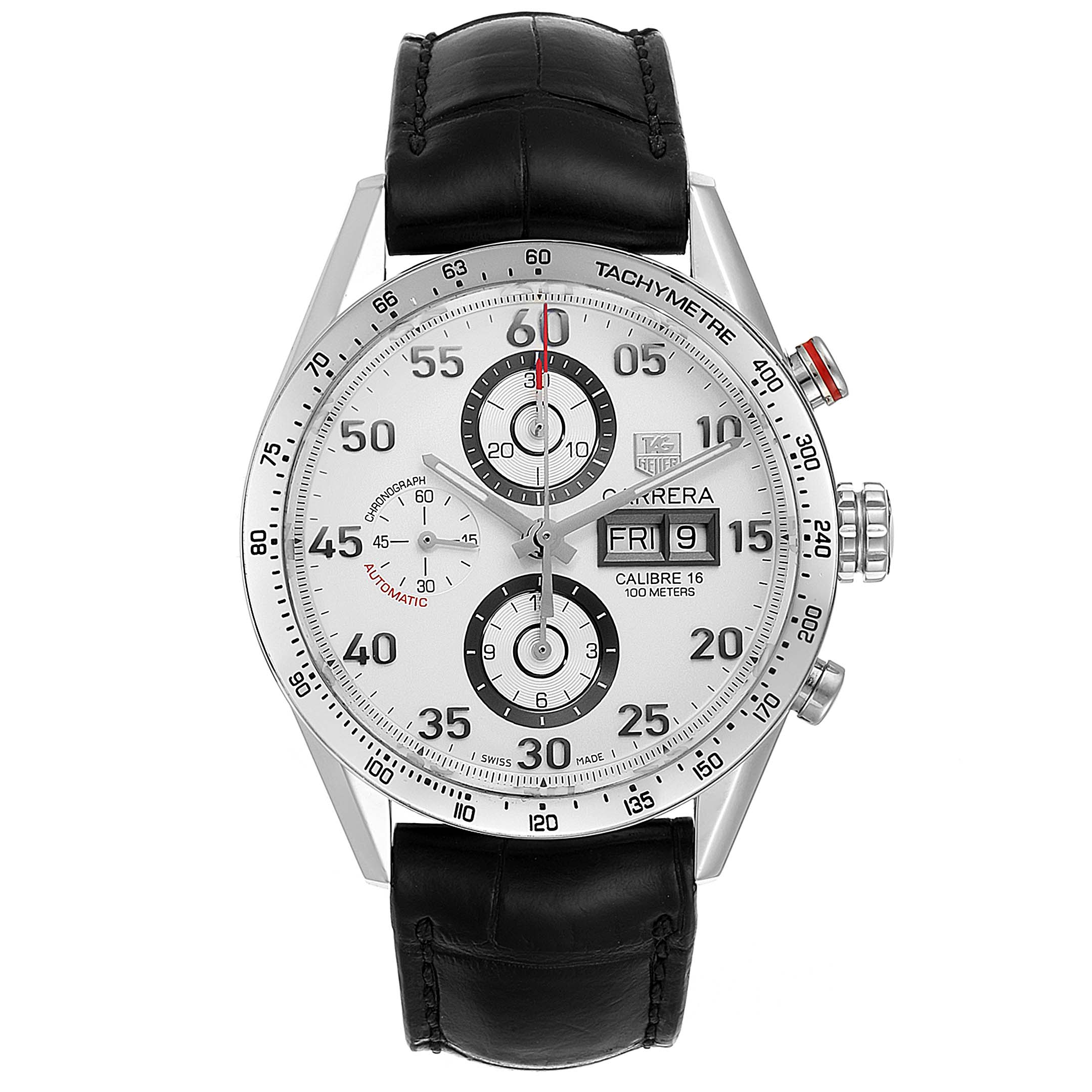 The image displays a front view of the Tag Heuer Carrera CV2A11 Men's Stainless Steel Silver Dial CV2A11 Men's Stainless Steel Silver Dial watch, showcasing its dial, subdials, bezel, crown, and leather strap.