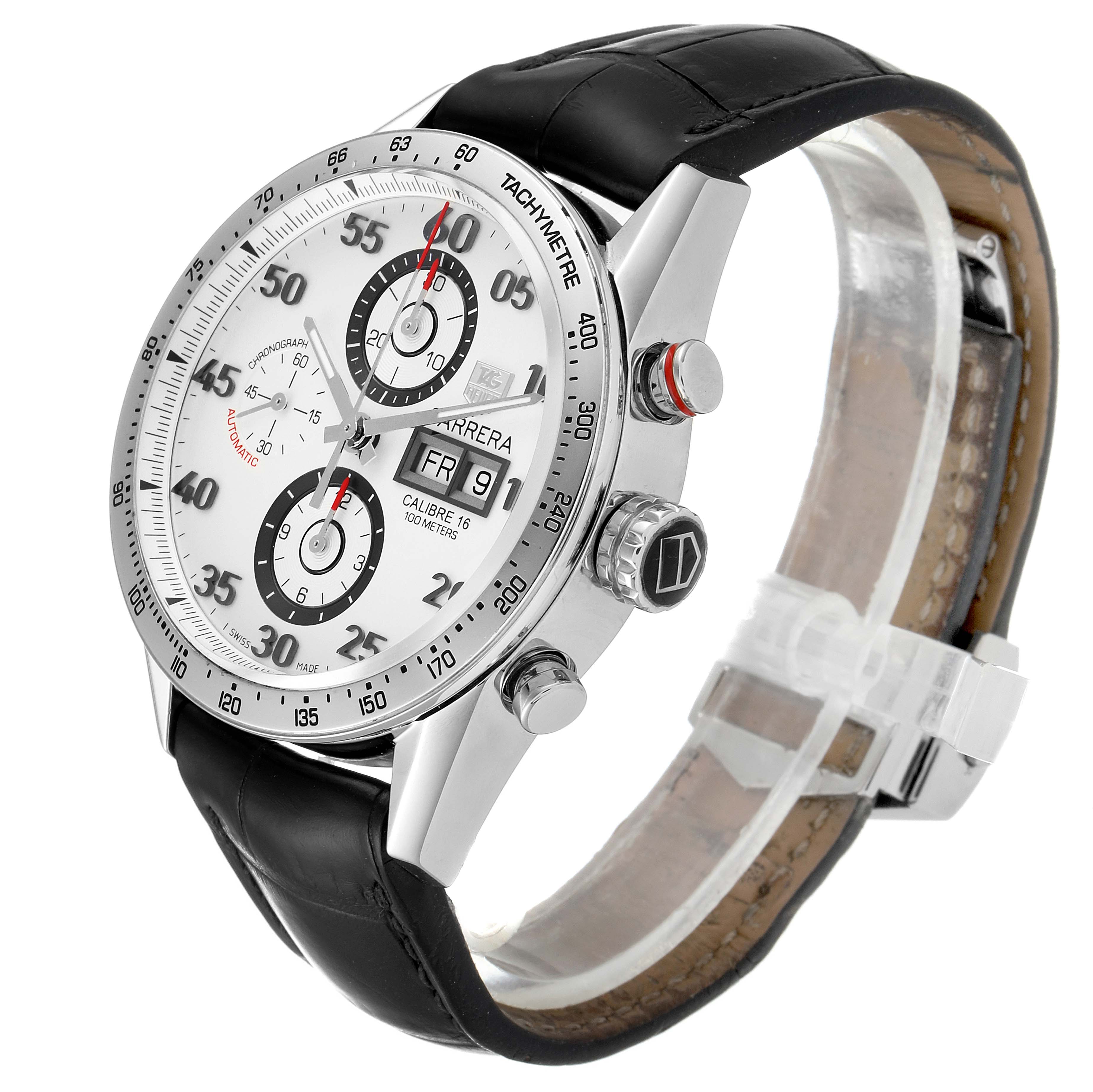The image shows a Carrera model watch by Tag Heuer in a left-side angle, highlighting its face, bezel, crown, and strap.