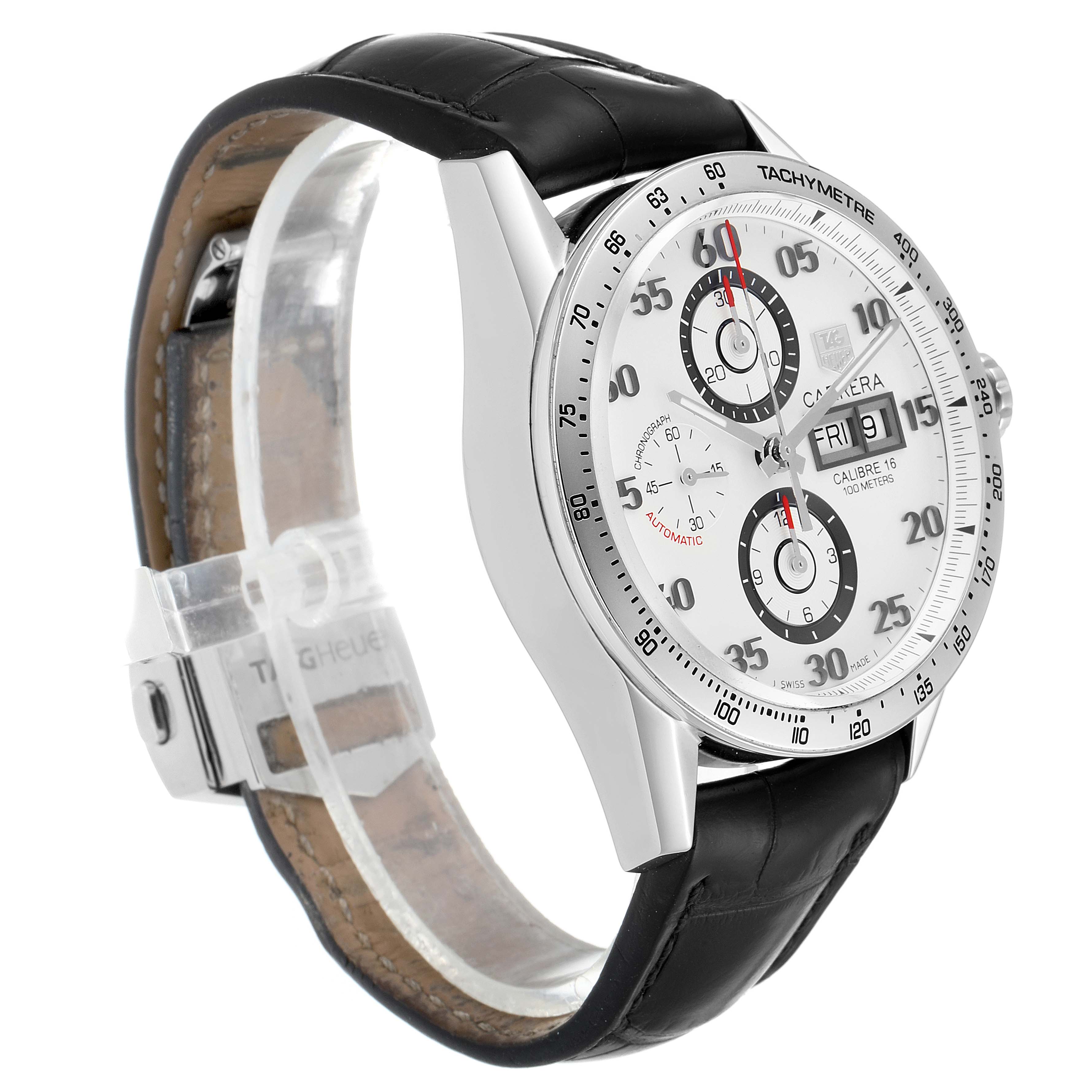 The Tag Heuer Carrera CV2A11 Men's Stainless Steel Silver Dial CV2A11 Men's Stainless Steel Silver Dial model watch is shown from a left side angle, highlighting the face, crown, and leather strap with clasp.