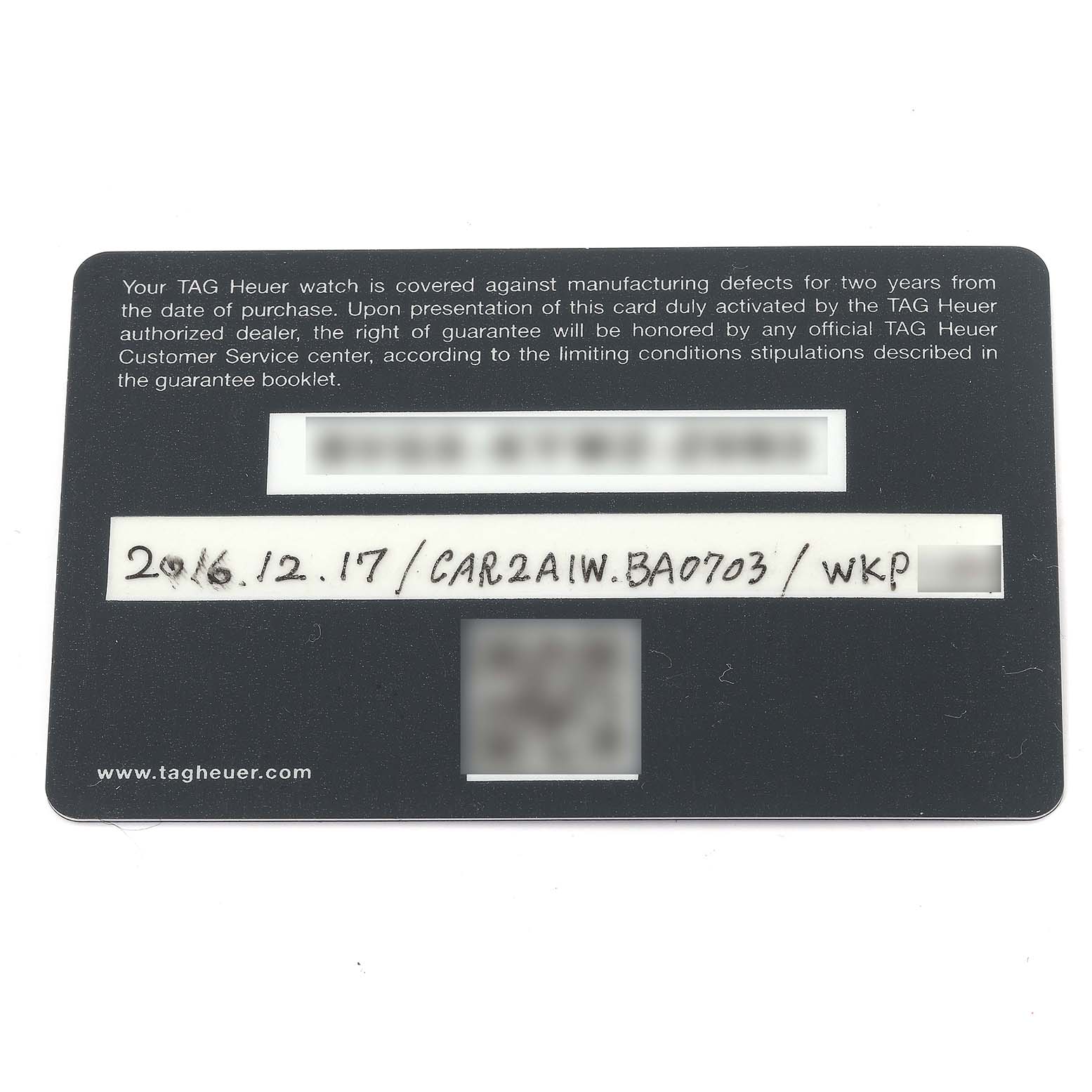 This image shows the warranty card for the Carrera model by Tag Heuer.