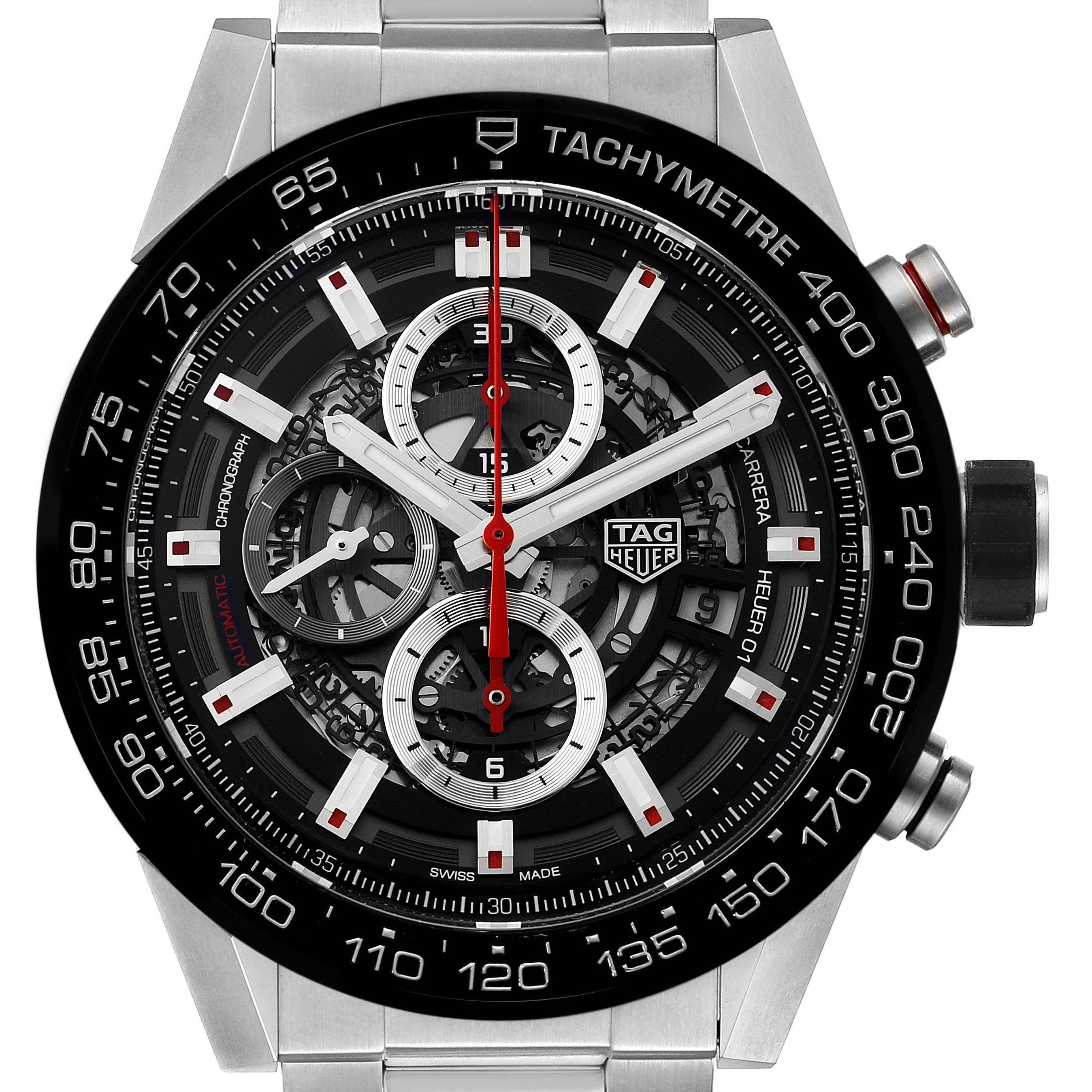 This image shows a close-up, front-facing view of a Tag Heuer Carrera CAR2A1W.BA0703 Men's Stainless Steel Transparent Dial CAR2A1W.BA0703 Men's Stainless Steel Transparent Dial watch, highlighting its tachymeter, chronograph, and intricate dial.