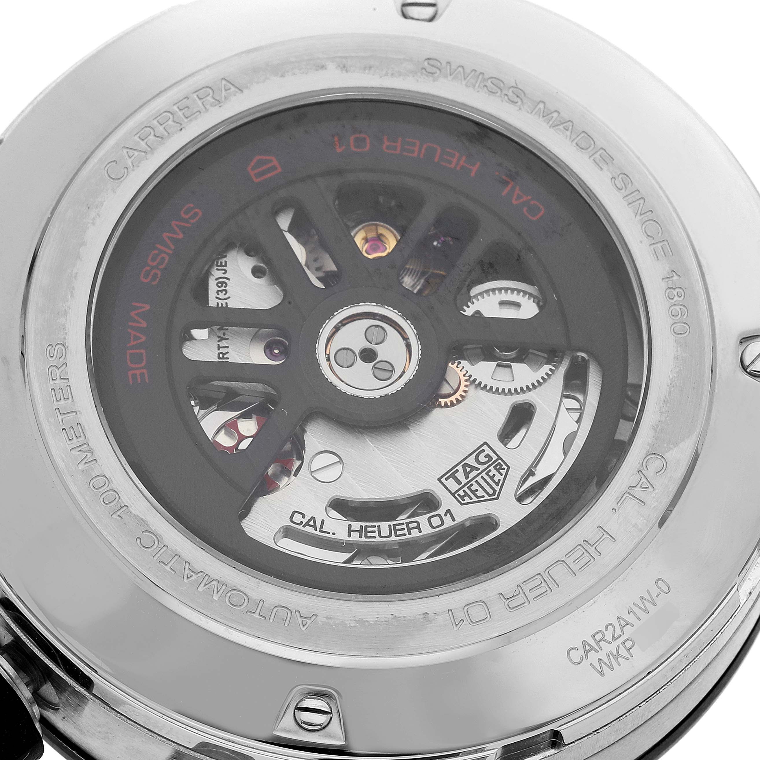This is the back view of the Tag Heuer Carrera CAR2A1W.BA0703 Men's Stainless Steel Transparent Dial CAR2A1W.BA0703 Men's Stainless Steel Transparent Dial model, revealing its intricate automatic movement and internal mechanisms.