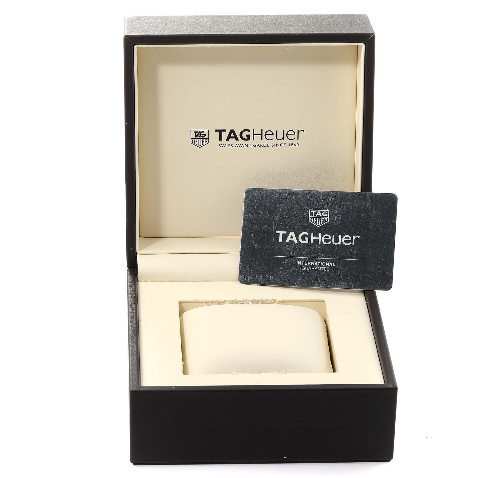 The image shows an open Tag Heuer Carrera CAR2A1W.BA0703 Men's Stainless Steel Transparent Dial CAR2A1W.BA0703 Men's Stainless Steel Transparent Dial watch box with an international guarantee card.