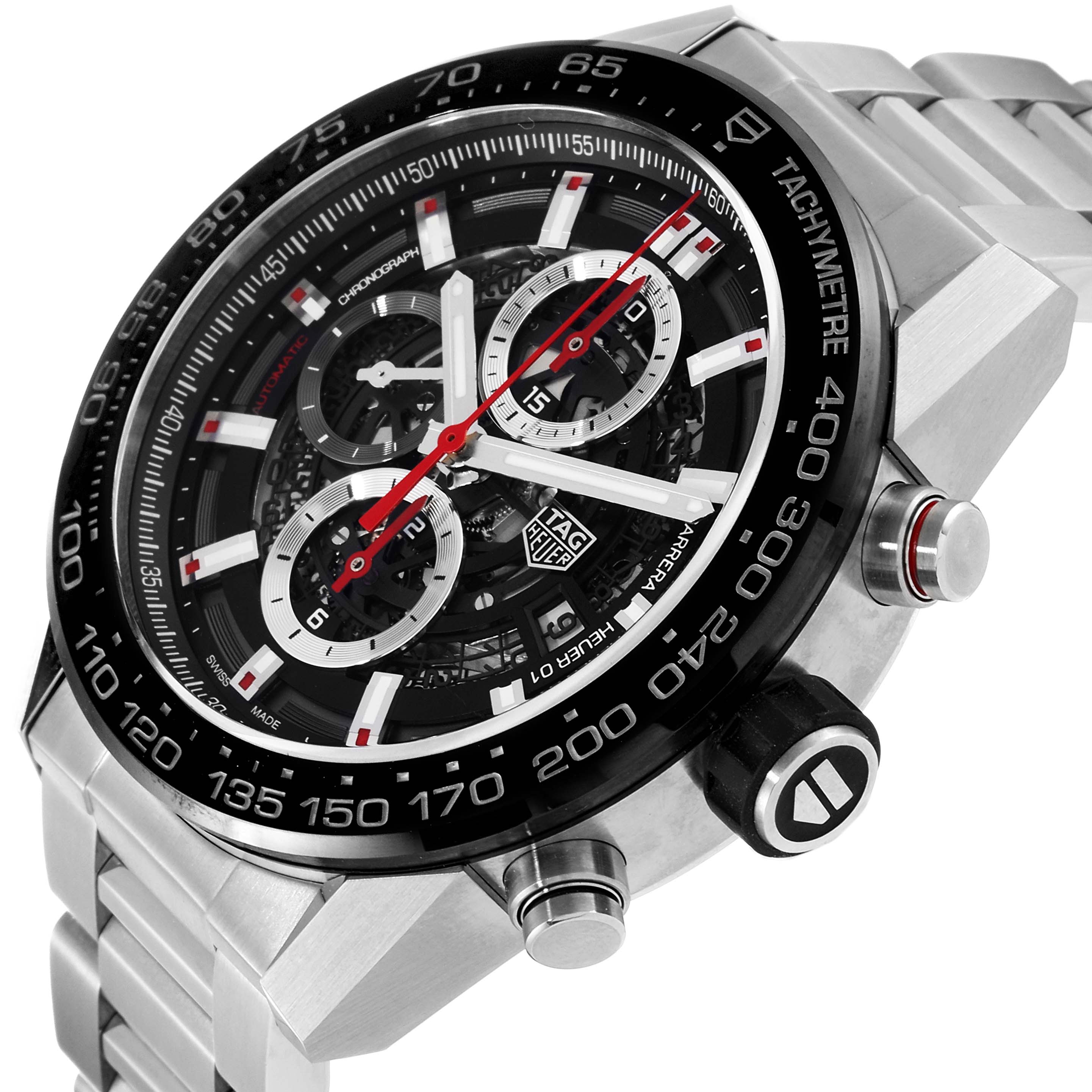 The Tag Heuer Carrera CAR2A1W.BA0703 Men's Stainless Steel Transparent Dial CAR2A1W.BA0703 Men's Stainless Steel Transparent Dial is shown from an angled close-up, highlighting its tachymeter bezel, chronograph sub-dials, and stainless steel bracelet.