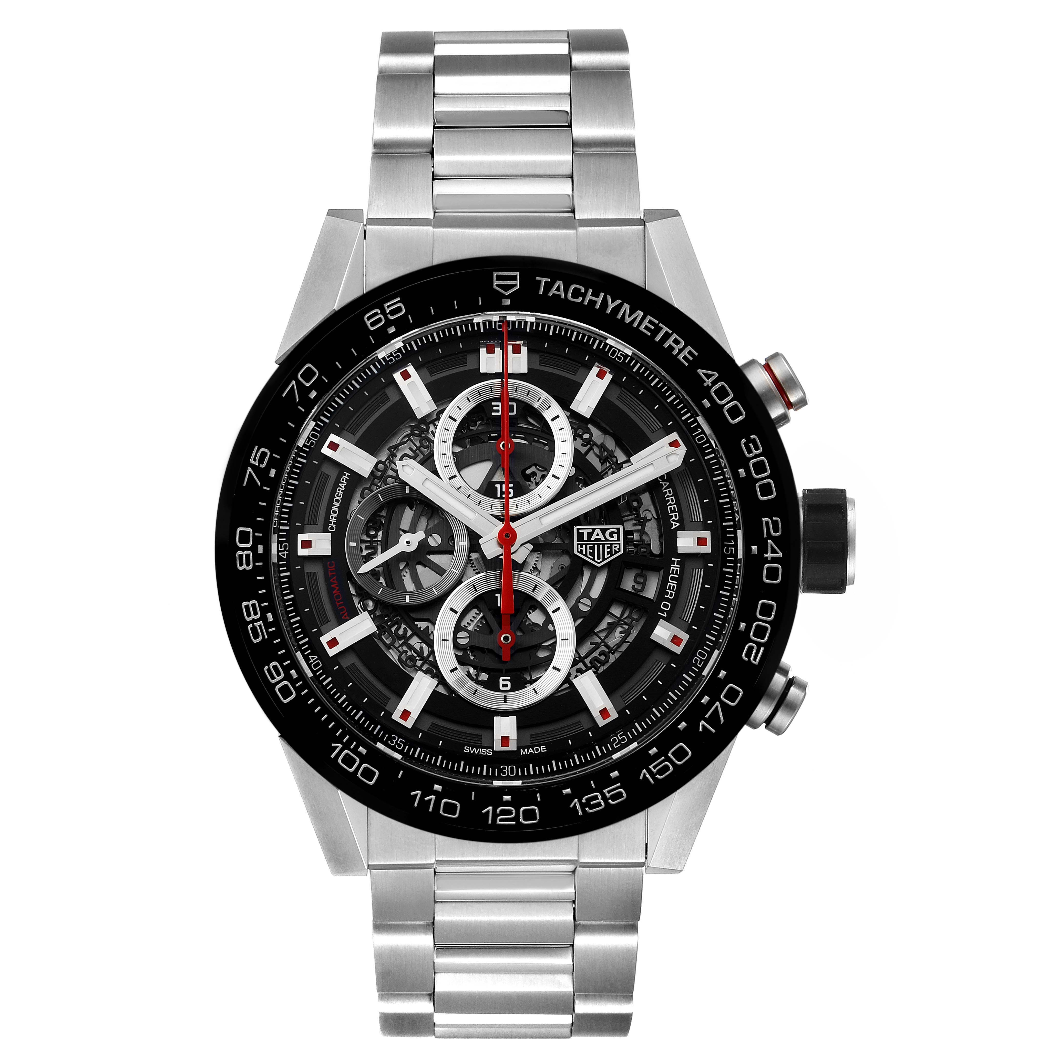 This image shows a frontal view of the Tag Heuer Carrera CAR2A1W.BA0703 Men's Stainless Steel Transparent Dial CAR2A1W.BA0703 Men's Stainless Steel Transparent Dial watch, highlighting its face, bezel, and metal band.