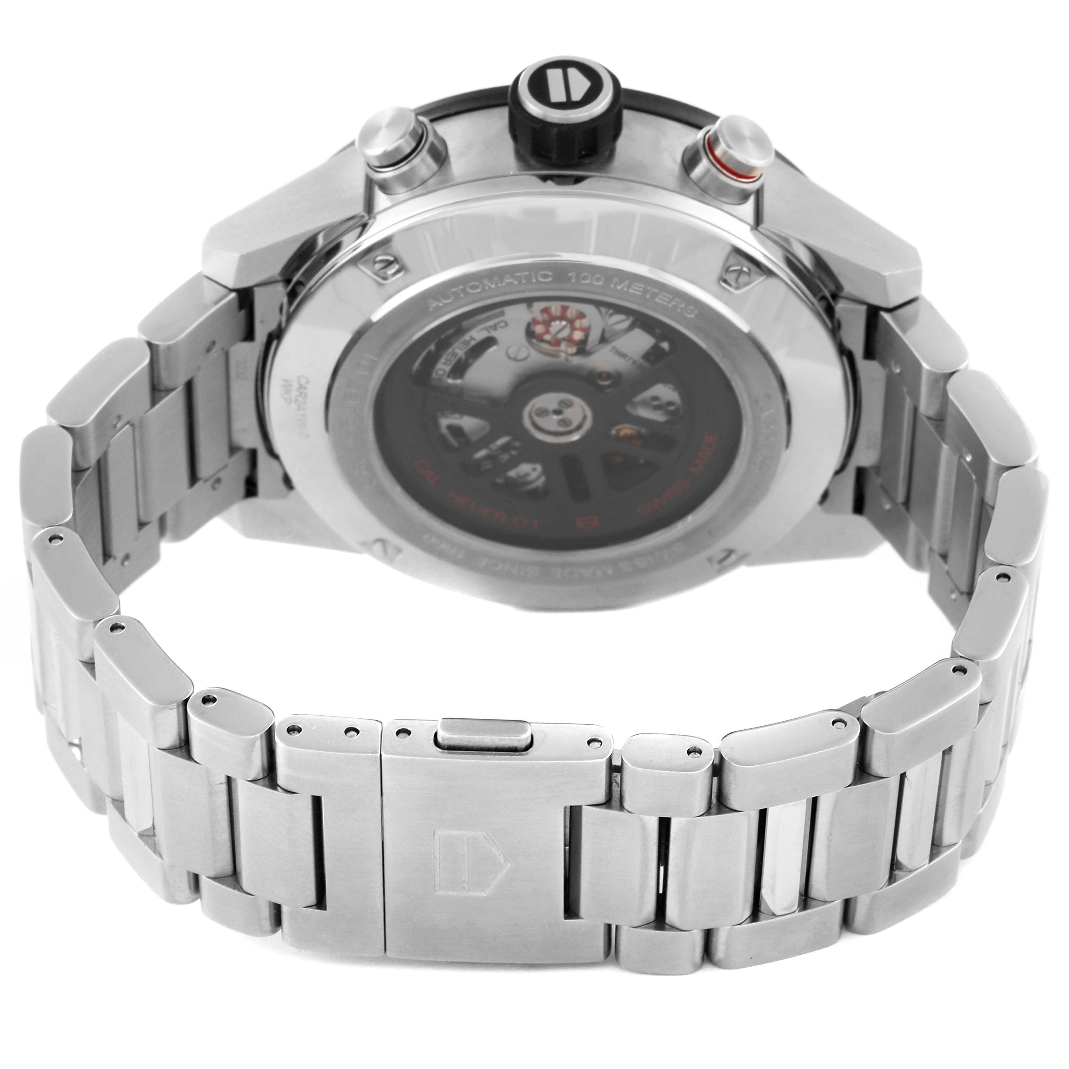 The image shows the back view of a Tag Heuer Carrera CAR2A1W.BA0703 Men's Stainless Steel Transparent Dial CAR2A1W.BA0703 Men's Stainless Steel Transparent Dial watch, highlighting the bracelet, case back, and pushers/crown.