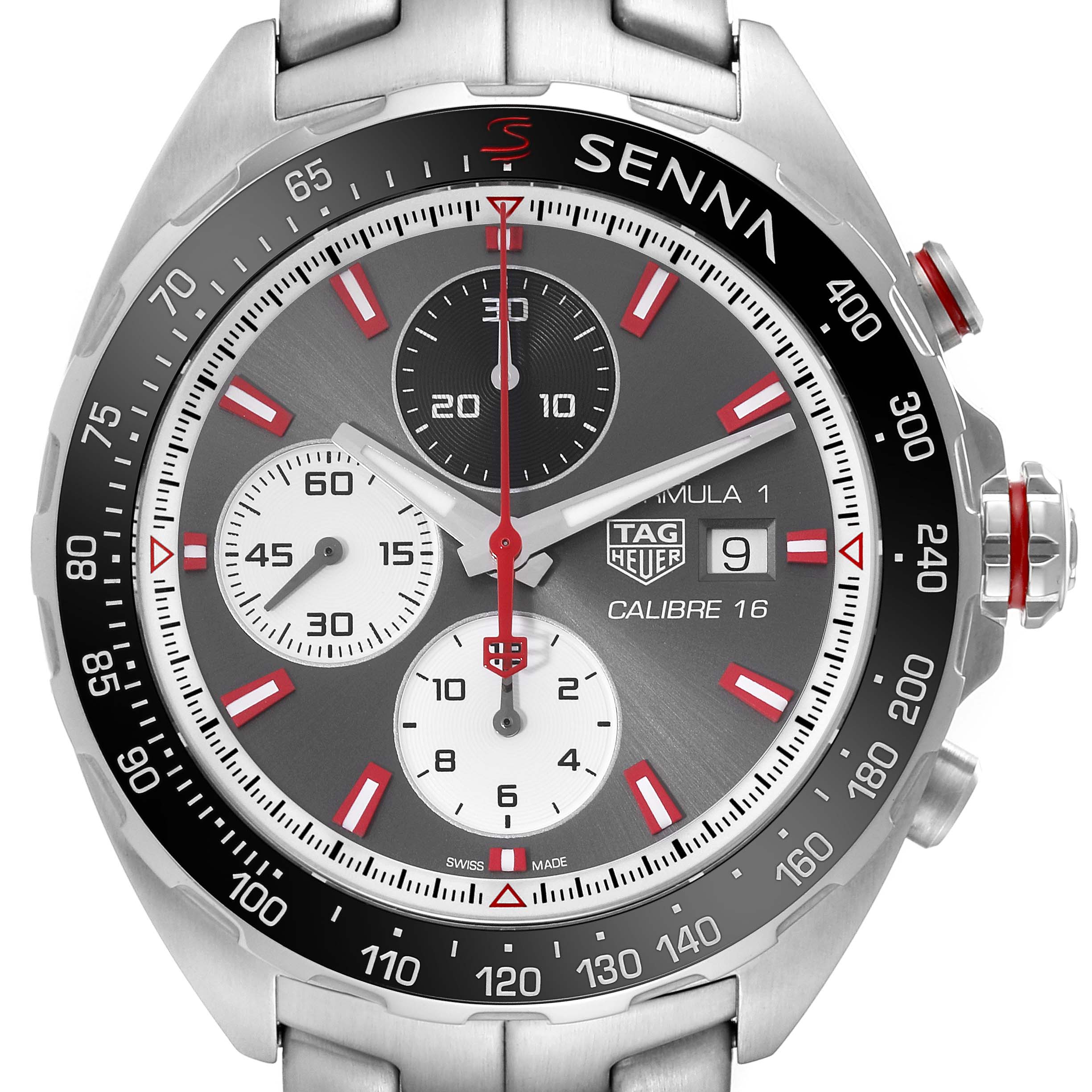 The image shows a close-up frontal view of the Tag Heuer Formula 1 CAZ2017.BA0647 Men's Stainless Steel Grey Dial CAZ2017.BA0647 Men's Stainless Steel Grey Dial watch, featuring its dial, bezels, and chronograph subdials.