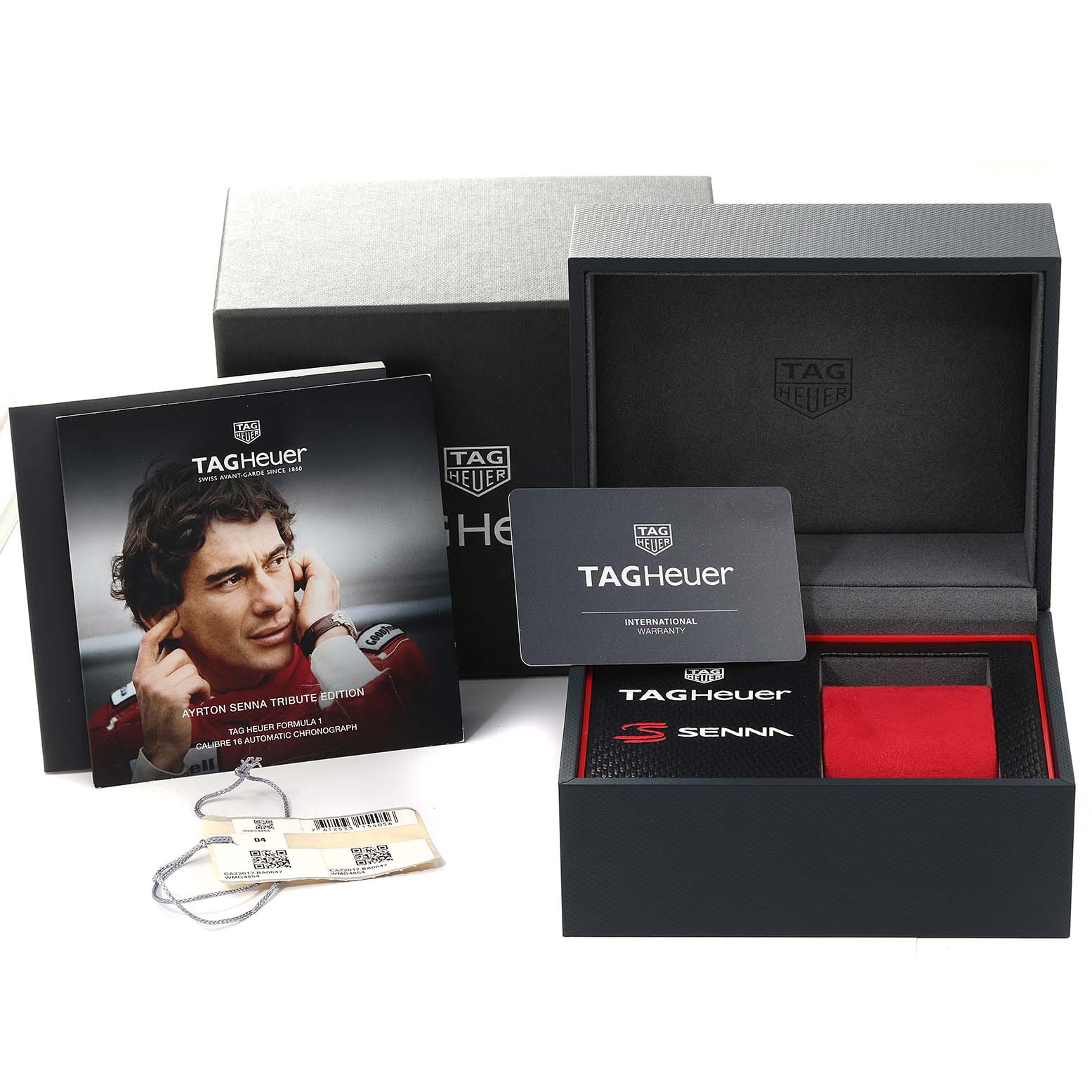 The image shows the packaging, international warranty card, booklets, and tags for a Tag Heuer Formula 1 CAZ2017.BA0647 Men's Stainless Steel Grey Dial CAZ2017.BA0647 Men's Stainless Steel Grey Dial watch.