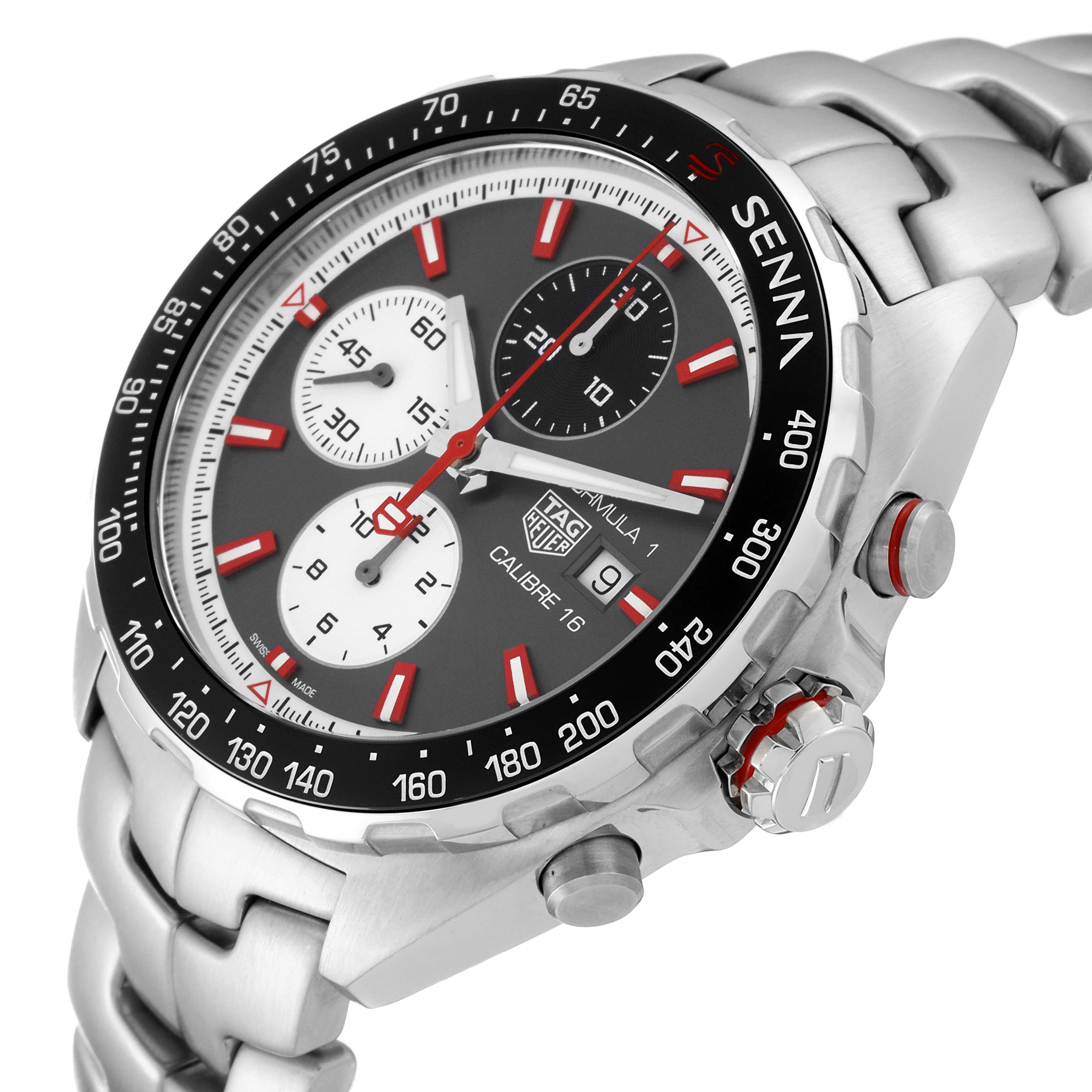 The image shows a close-up, angled view of the Tag Heuer Formula 1 CAZ2017.BA0647 Men's Stainless Steel Grey Dial CAZ2017.BA0647 Men's Stainless Steel Grey Dial model watch, focusing on its face and stainless steel bracelet.