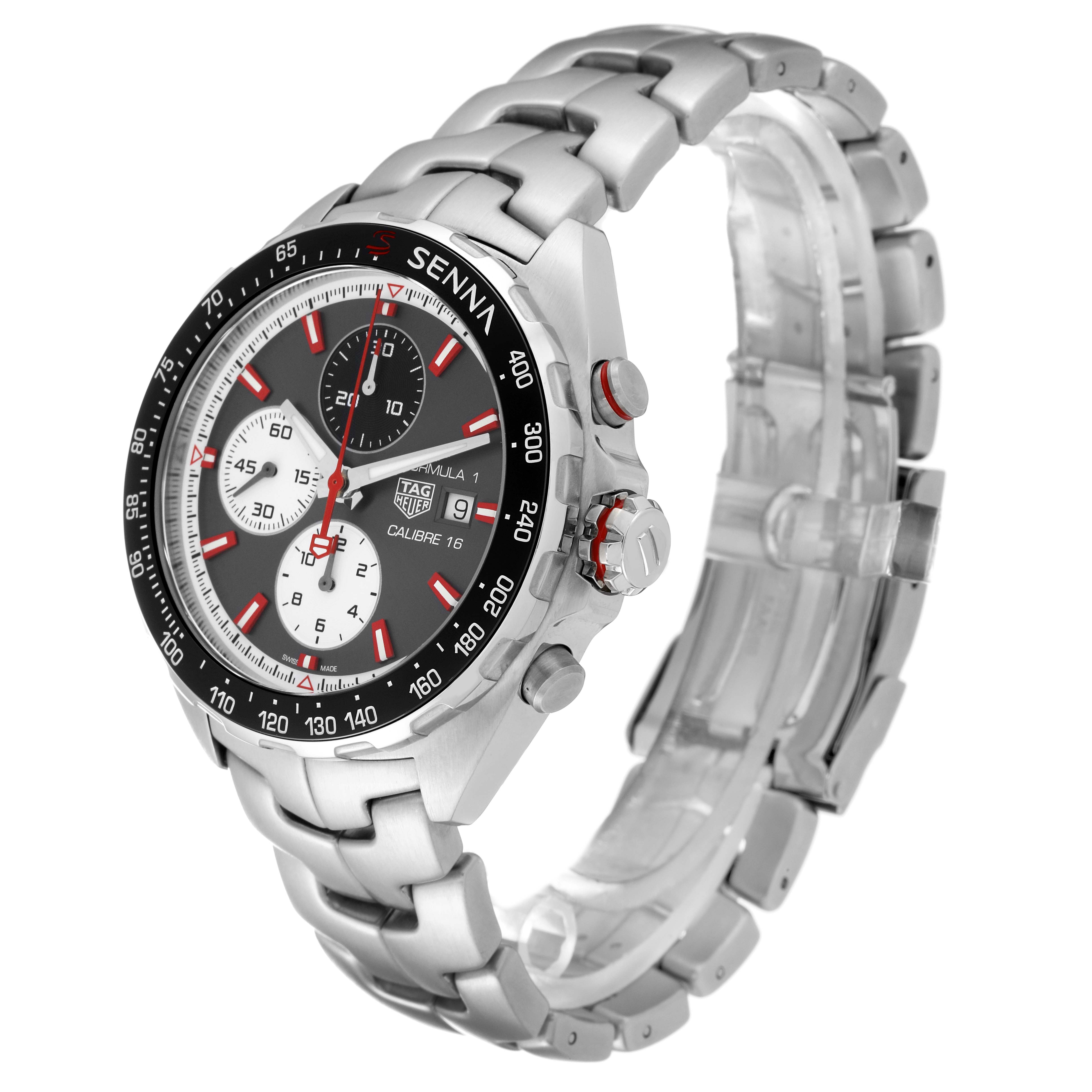 The Tag Heuer Formula 1 CAZ2017.BA0647 Men's Stainless Steel Grey Dial CAZ2017.BA0647 Men's Stainless Steel Grey Dial watch is shown at a three-quarter angle, highlighting its face, bezel, crown, and stainless steel bracelet.