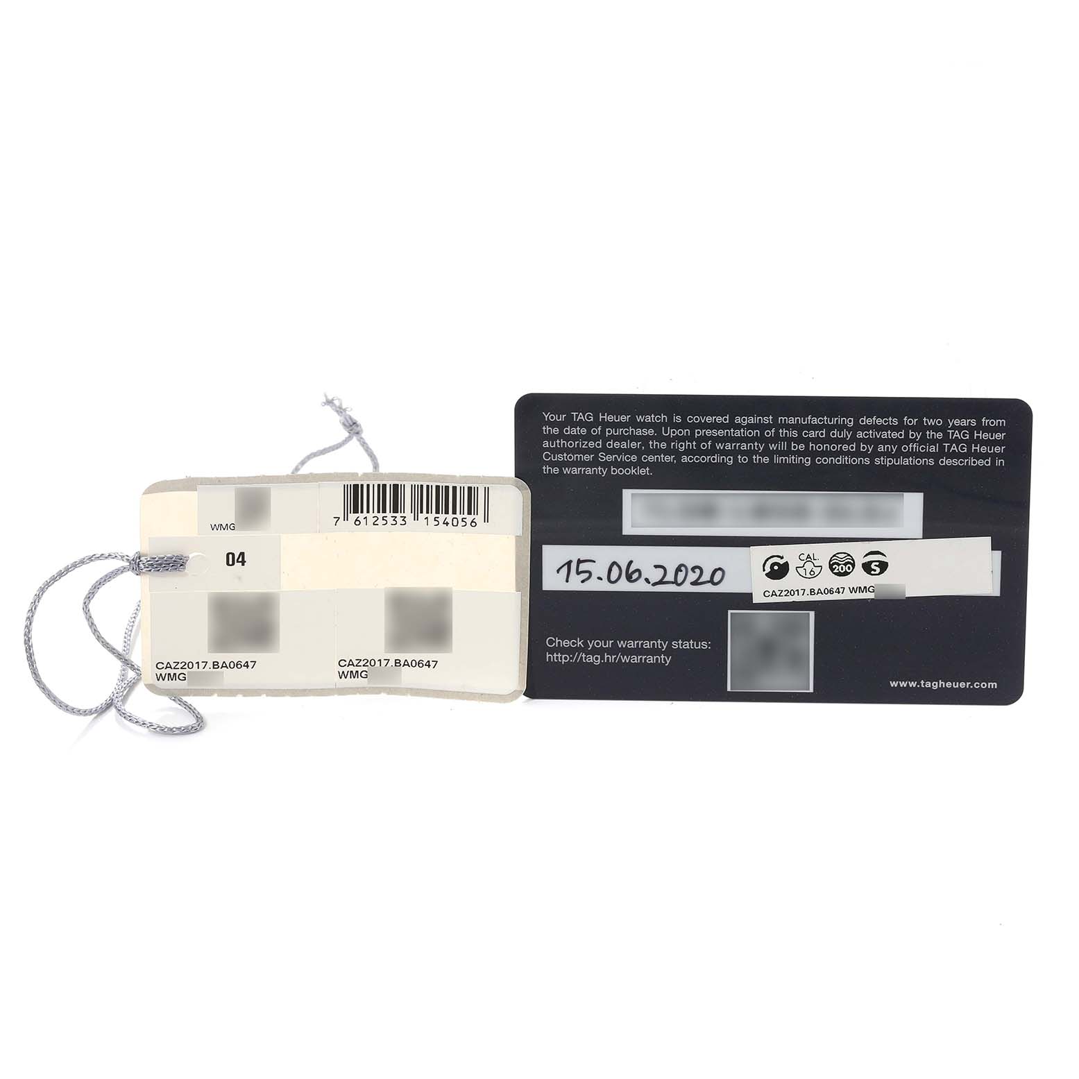 The image shows the warranty card and tag for a Tag Heuer Formula 1 CAZ2017.BA0647 Men's Stainless Steel Grey Dial CAZ2017.BA0647 Men's Stainless Steel Grey Dial watch model CAZ2017.BA0647.