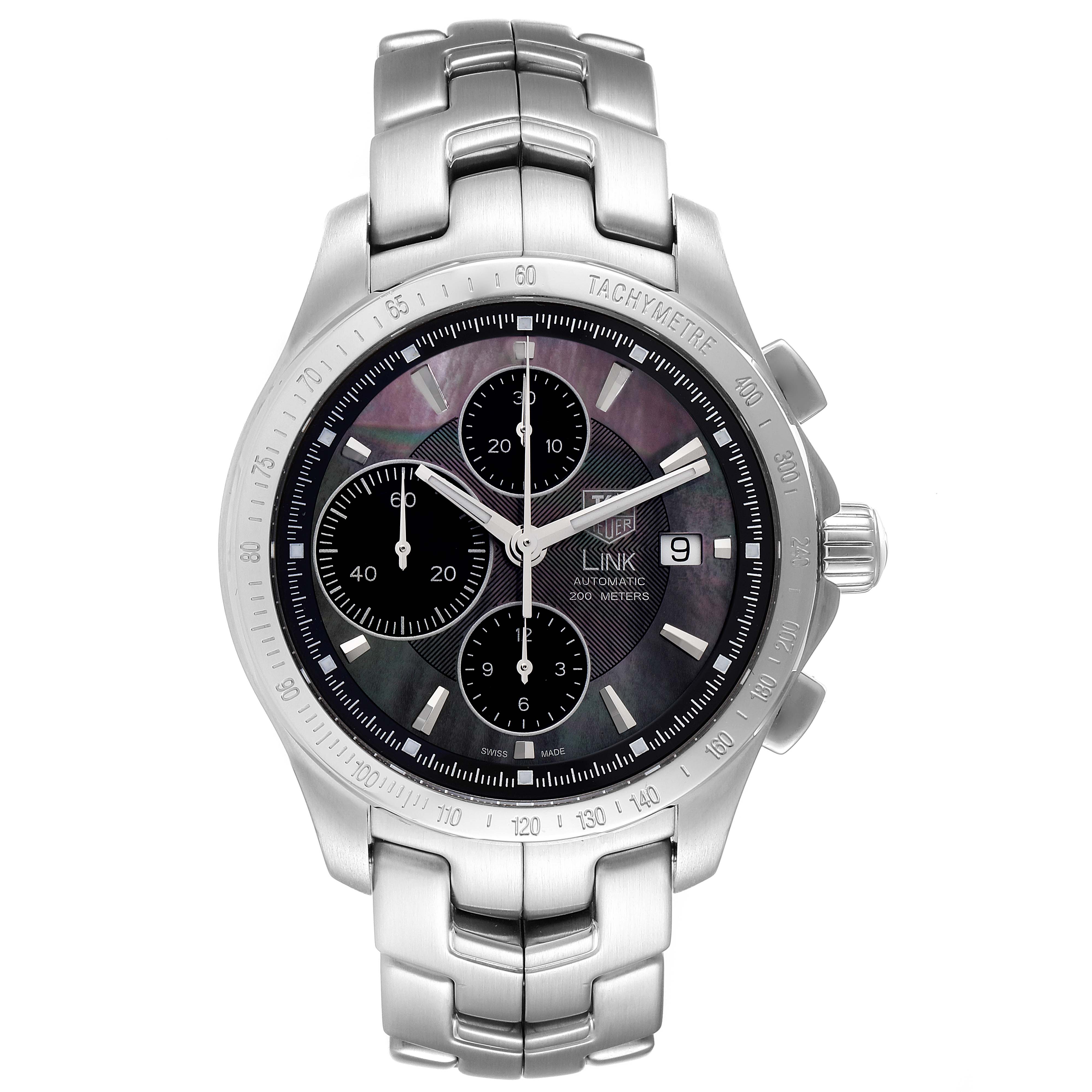 This is a front view of a Tag Heuer Link watch, displaying its dial, bezel, crown, and bracelet.