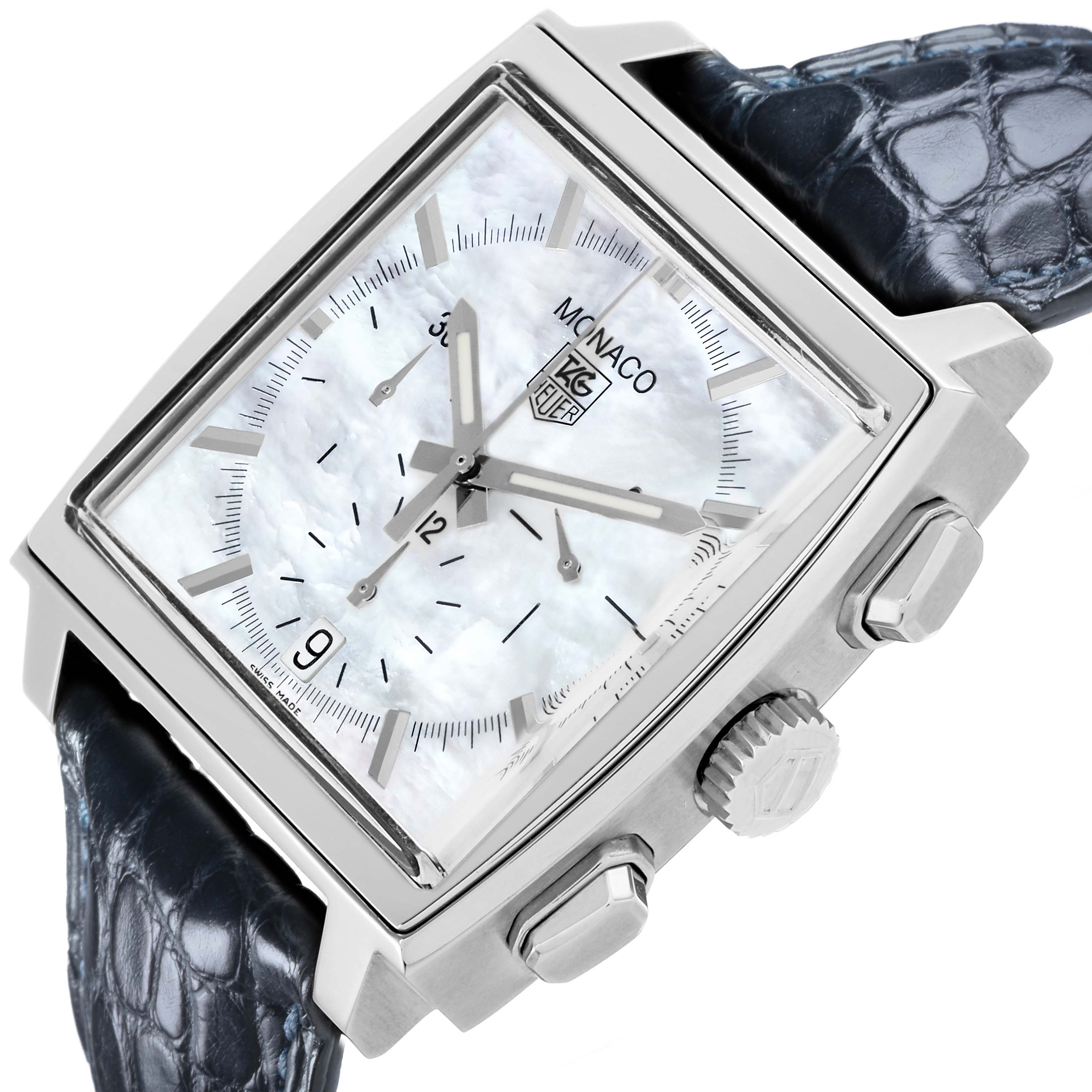 The Tag Heuer Monaco CW2119 Men's Stainless Steel Mother of Pearl Dial CW2119 Men's Stainless Steel Mother of Pearl Dial watch is shown at a tilted angle, displaying the dial, crown, pushers, and textured strap.