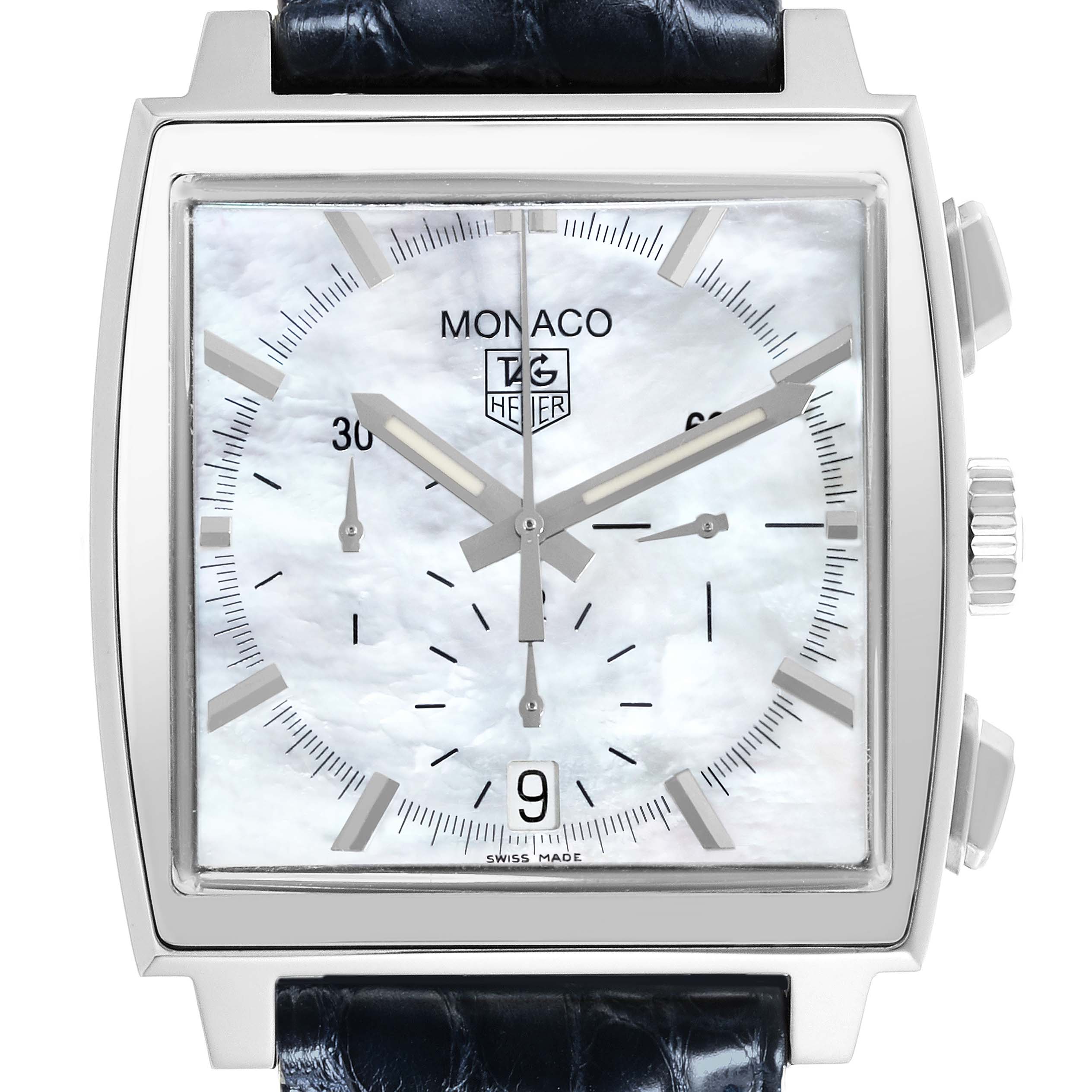 The image shows a front view of the Tag Heuer Monaco CW2119 Men's Stainless Steel Mother of Pearl Dial CW2119 Men's Stainless Steel Mother of Pearl Dial watch, highlighting its square case, dial details, and strap.