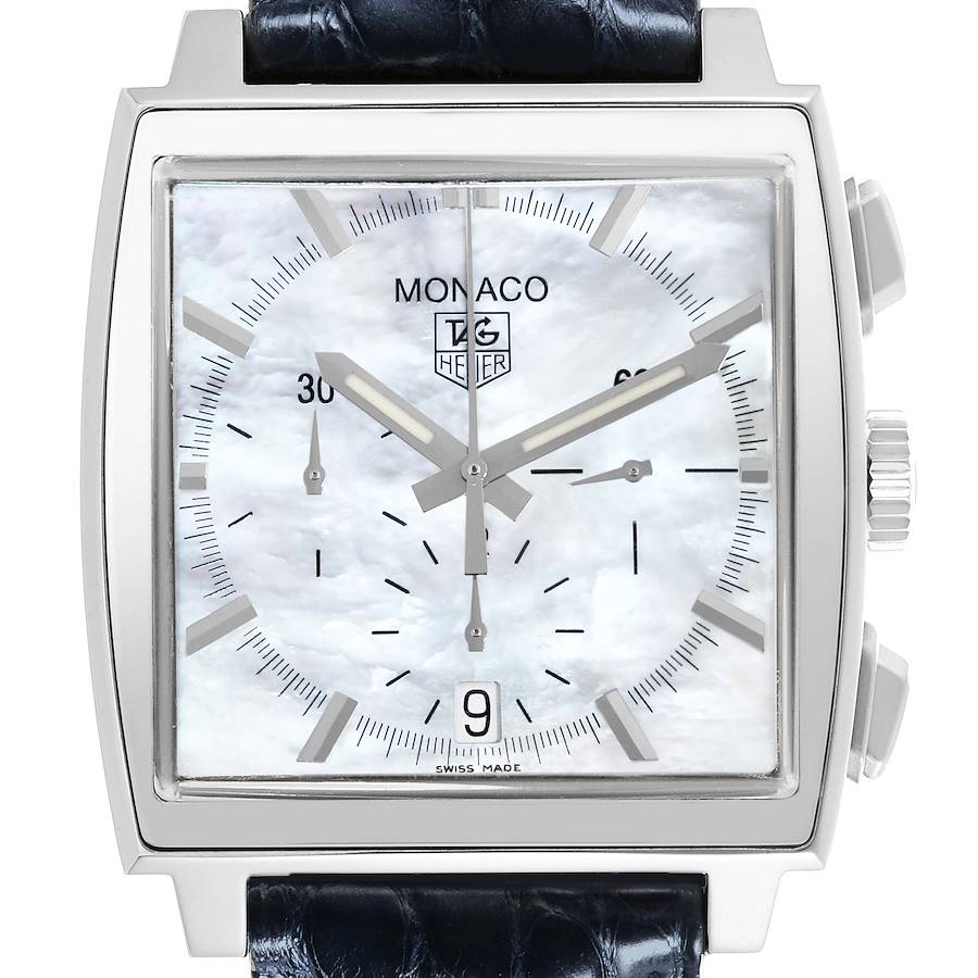 The image shows a front view of the Tag Heuer Monaco watch, highlighting its square case, dial details, and strap.