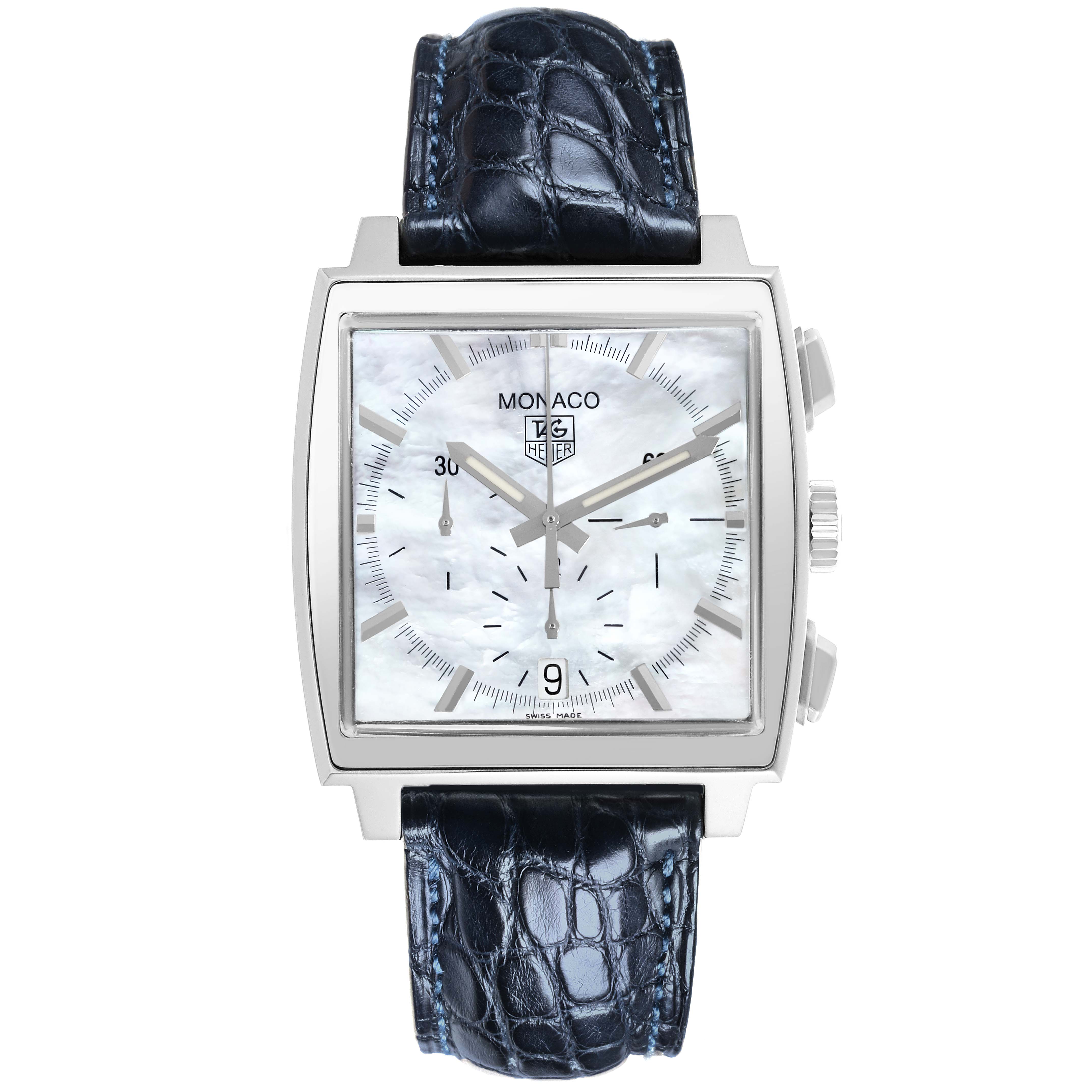 The Tag Heuer Monaco CW2119 Men's Stainless Steel Mother of Pearl Dial CW2119 Men's Stainless Steel Mother of Pearl Dial watch is shown from the front, displaying its square dial, chronograph functions, and black leather strap.