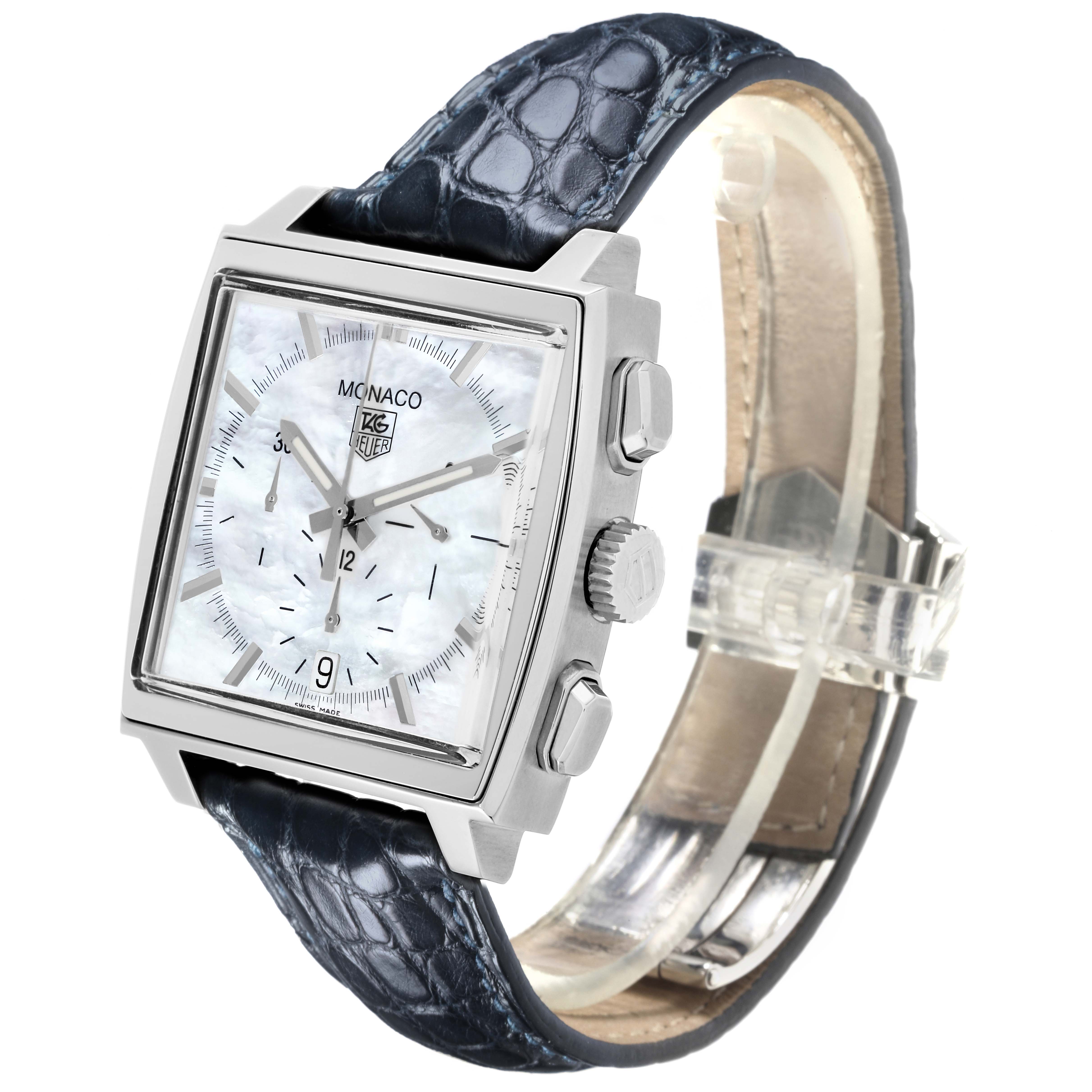 The Tag Heuer Monaco CW2119 Men's Stainless Steel Mother of Pearl Dial CW2119 Men's Stainless Steel Mother of Pearl Dial watch is shown at a slight angle, displaying the face, side buttons, crown, and a textured strap.