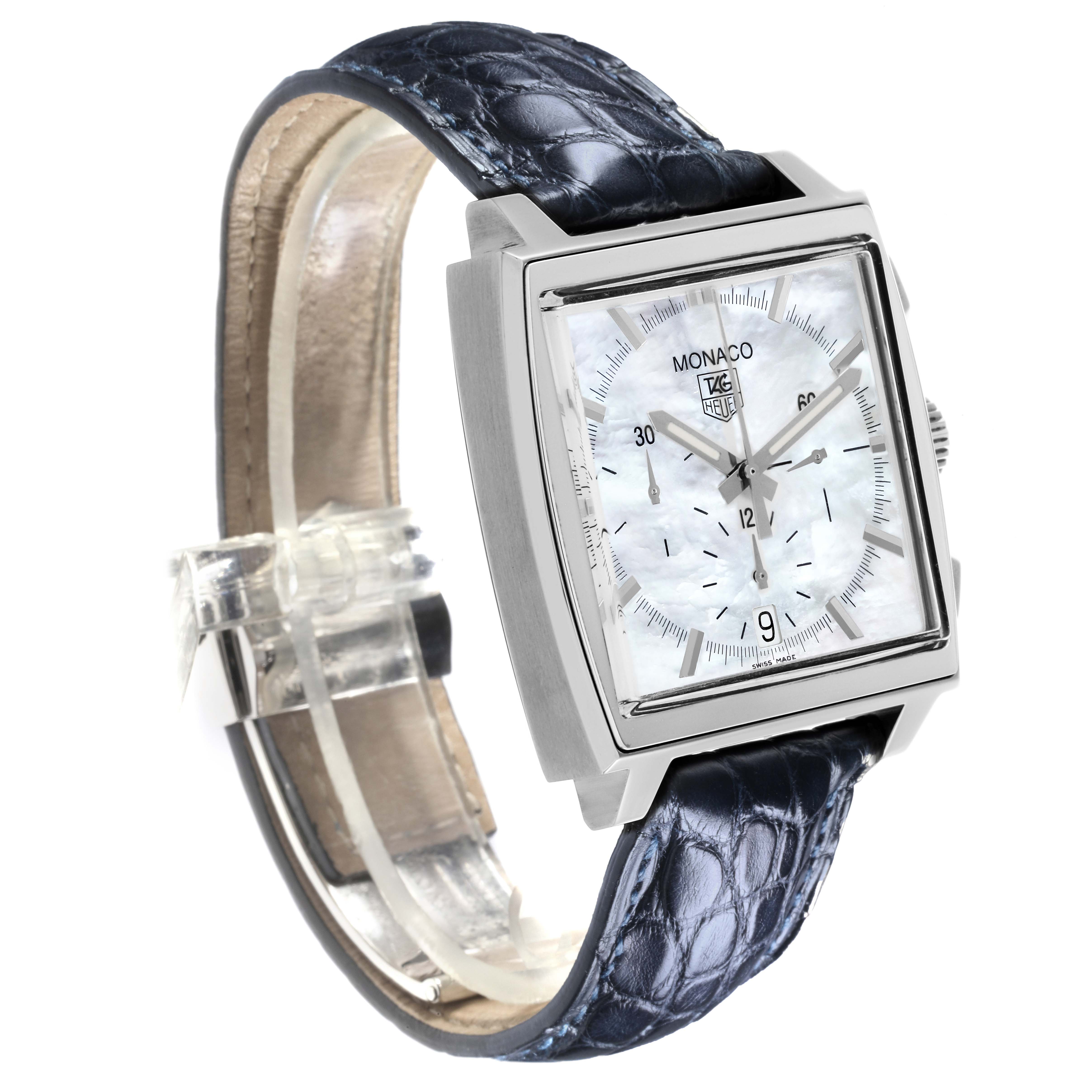 The Tag Heuer Monaco CW2119 Men's Stainless Steel Mother of Pearl Dial CW2119 Men's Stainless Steel Mother of Pearl Dial watch is shown at a three-quarter angle, displaying its square case, dial, and leather strap.