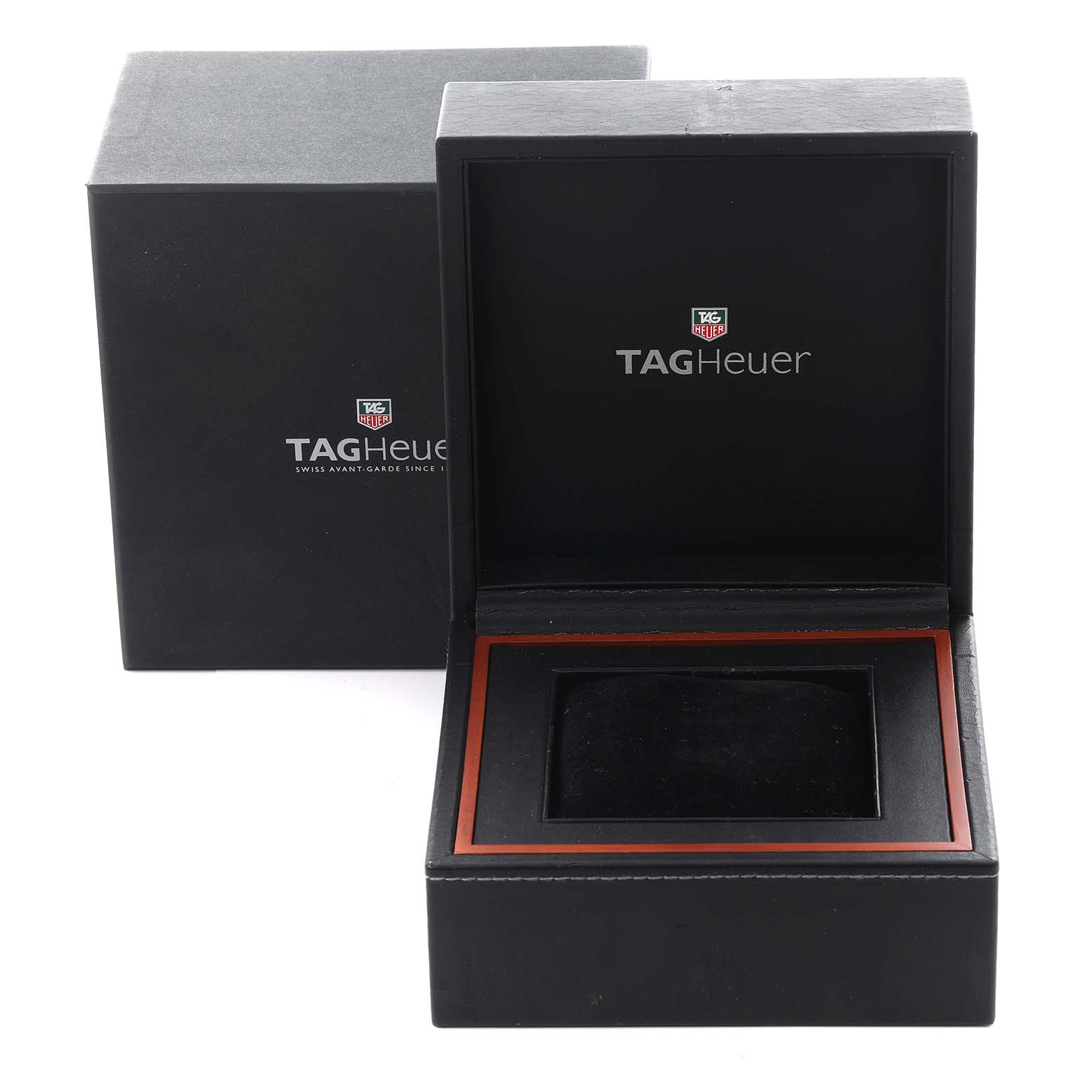 The image shows an open Tag Heuer Monaco CW2119 Men's Stainless Steel Mother of Pearl Dial CW2119 Men's Stainless Steel Mother of Pearl Dial watch box, viewed from the front, with the brand logo visible inside the box.