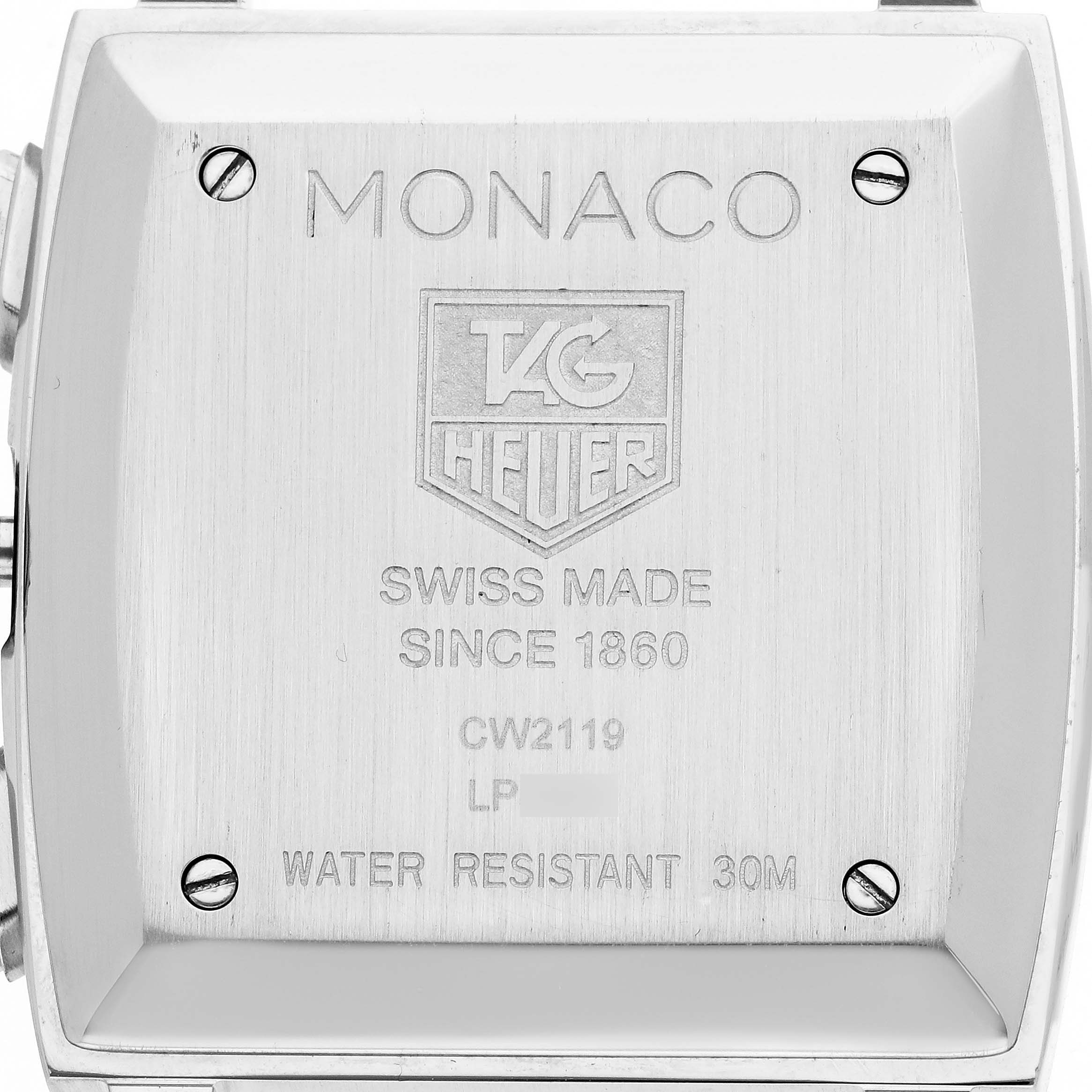 The image shows the back case of the Tag Heuer Monaco CW2119 Men's Stainless Steel Mother of Pearl Dial CW2119 Men's Stainless Steel Mother of Pearl Dial watch, featuring branding and specifications.