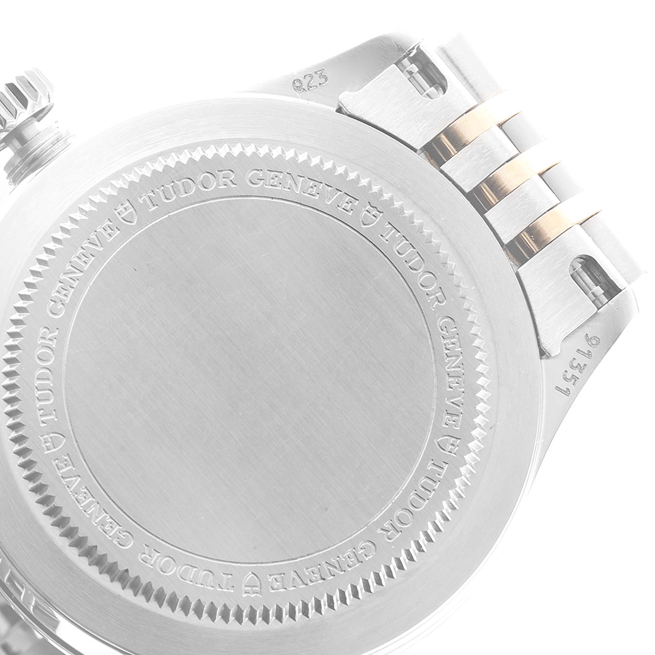 This image shows the back case and part of the bracelet of the Tudor M91351-002 Women's Steel and Gold (two tone) Silver Dial M91351-002 Women's Steel and Gold (two tone) Silver Dial 1926 28mm Steel Rose Gold Silver Dial Diamond Watch M91351.