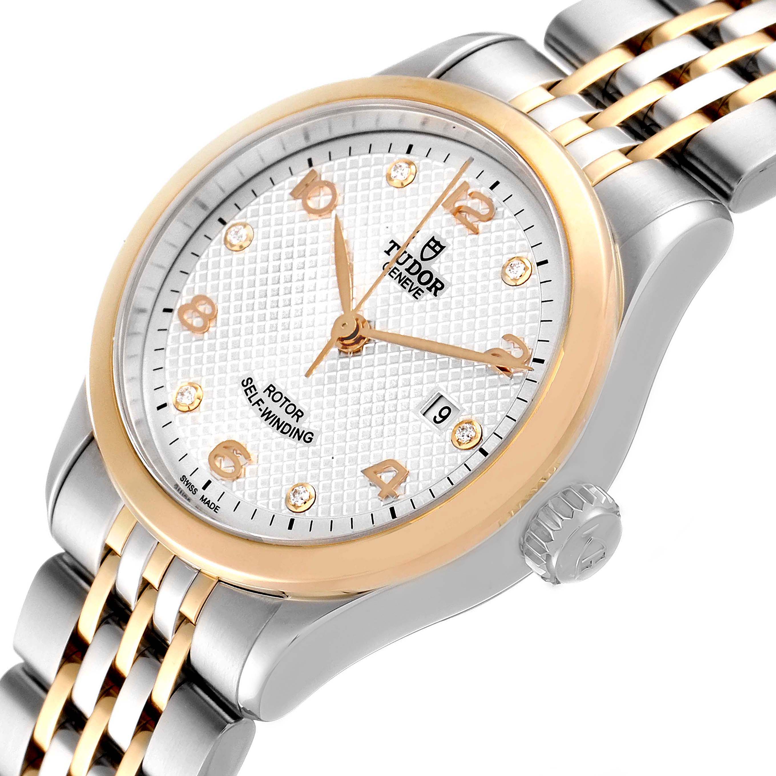 The Tudor M91351-002 Women's Steel and Gold (two tone) Silver Dial M91351-002 Women's Steel and Gold (two tone) Silver Dial 1926 M91351 watch is shown from a front angle, focusing on its silver dial, diamond markers, rose gold bezel, and part of the bracelet.