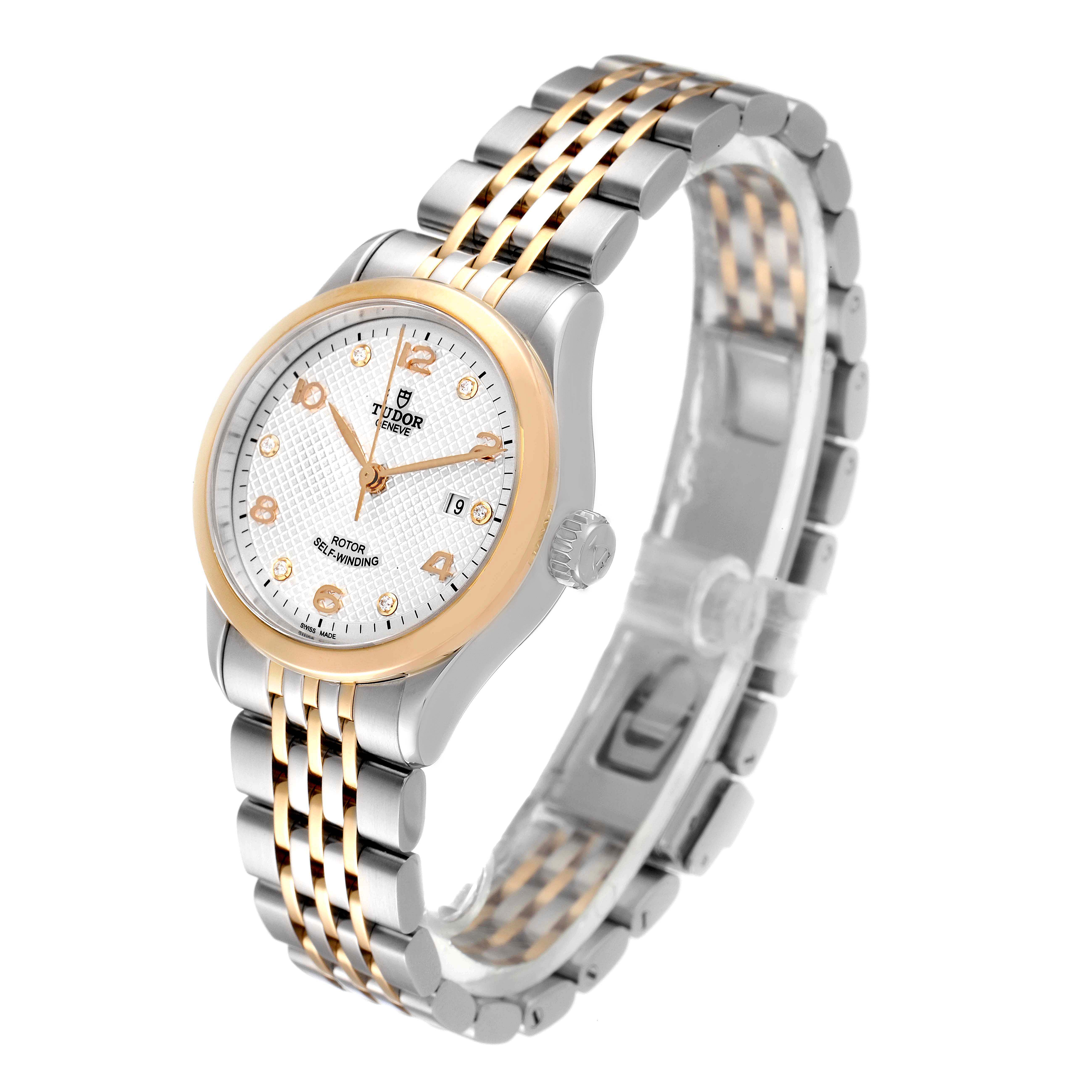 The Tudor M91351-002 Women's Steel and Gold (two tone) Silver Dial M91351-002 Women's Steel and Gold (two tone) Silver Dial 1926 M91351 watch is shown at a slight angle, highlighting the face, crown, and two-tone steel and rose gold bracelet.