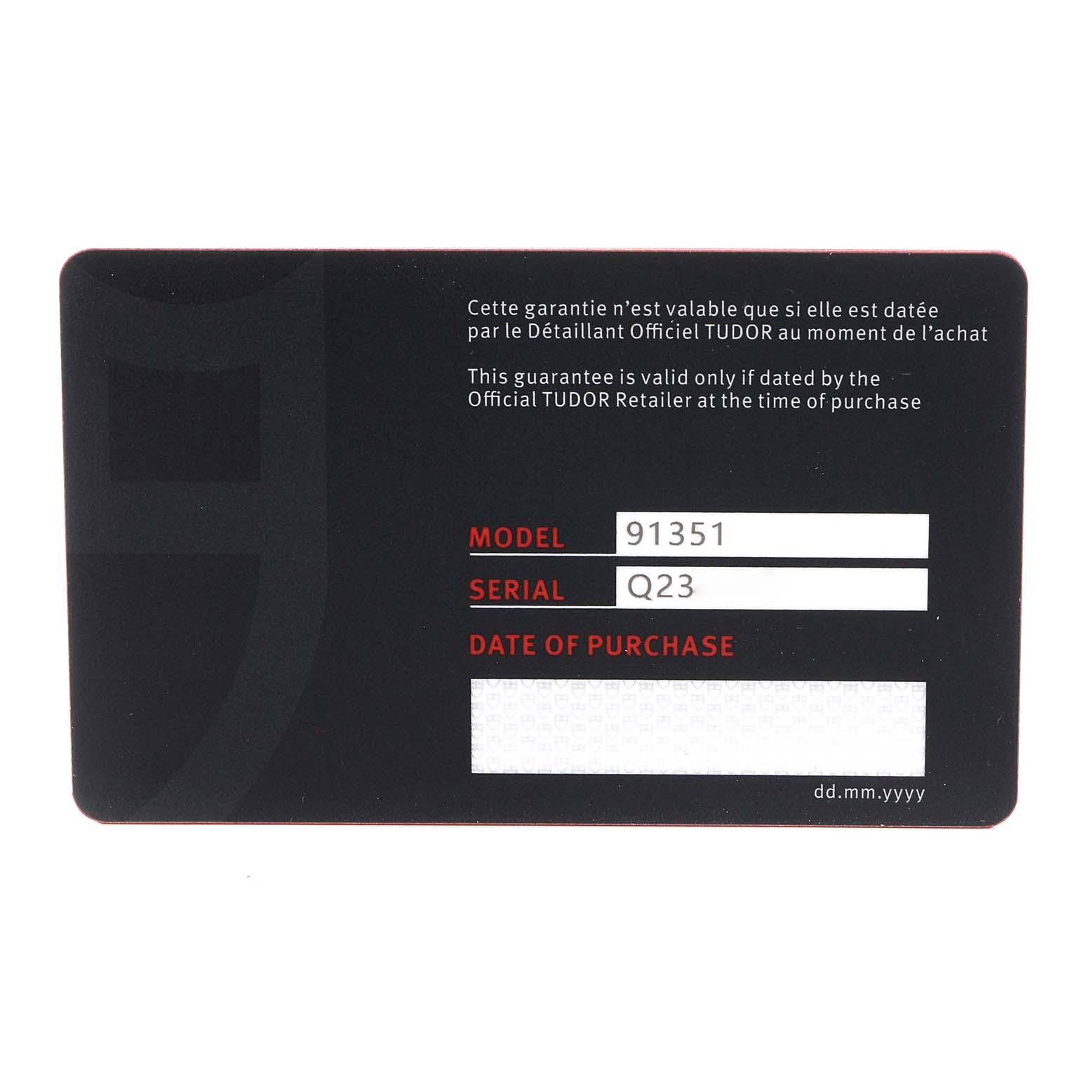 This is the guarantee card for the Tudor M91351-002 Women's Steel and Gold (two tone) Silver Dial M91351-002 Women's Steel and Gold (two tone) Silver Dial 1926 28mm Steel Rose Gold Silver Dial Diamond Watch, model M91351, showing the model, serial number, and fields for date of purchase.