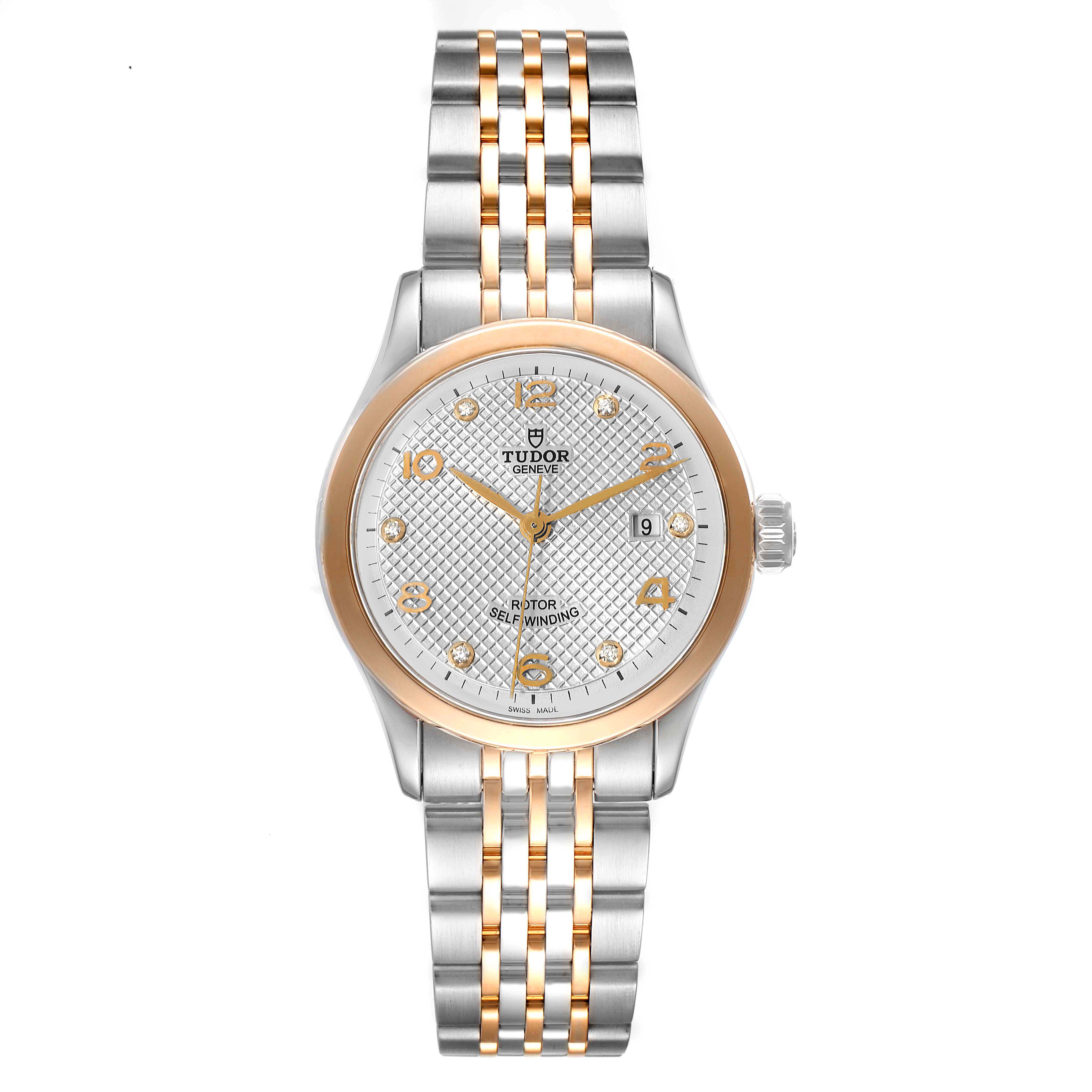 The Tudor M91351-002 Women's Steel and Gold (two tone) Silver Dial M91351-002 Women's Steel and Gold (two tone) Silver Dial 1926 M91351 watch is shown from a front angle, highlighting its steel and rose gold design with a silver dial and diamond markers.