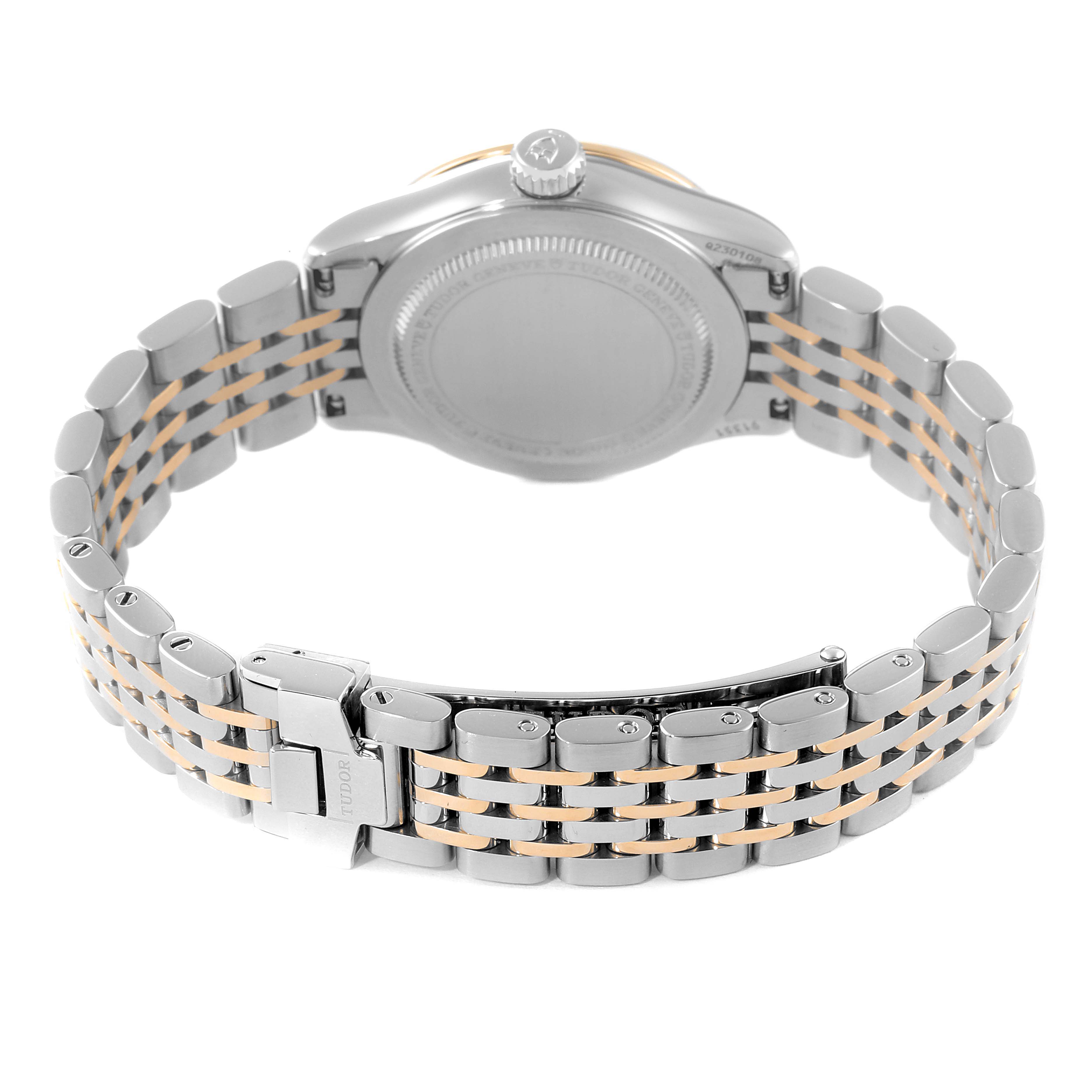 This is a rear view of the Tudor M91351-002 Women's Steel and Gold (two tone) Silver Dial M91351-002 Women's Steel and Gold (two tone) Silver Dial 1926 28mm Steel Rose Gold Silver Dial Diamond Watch M91351, showing the bracelet and case back.