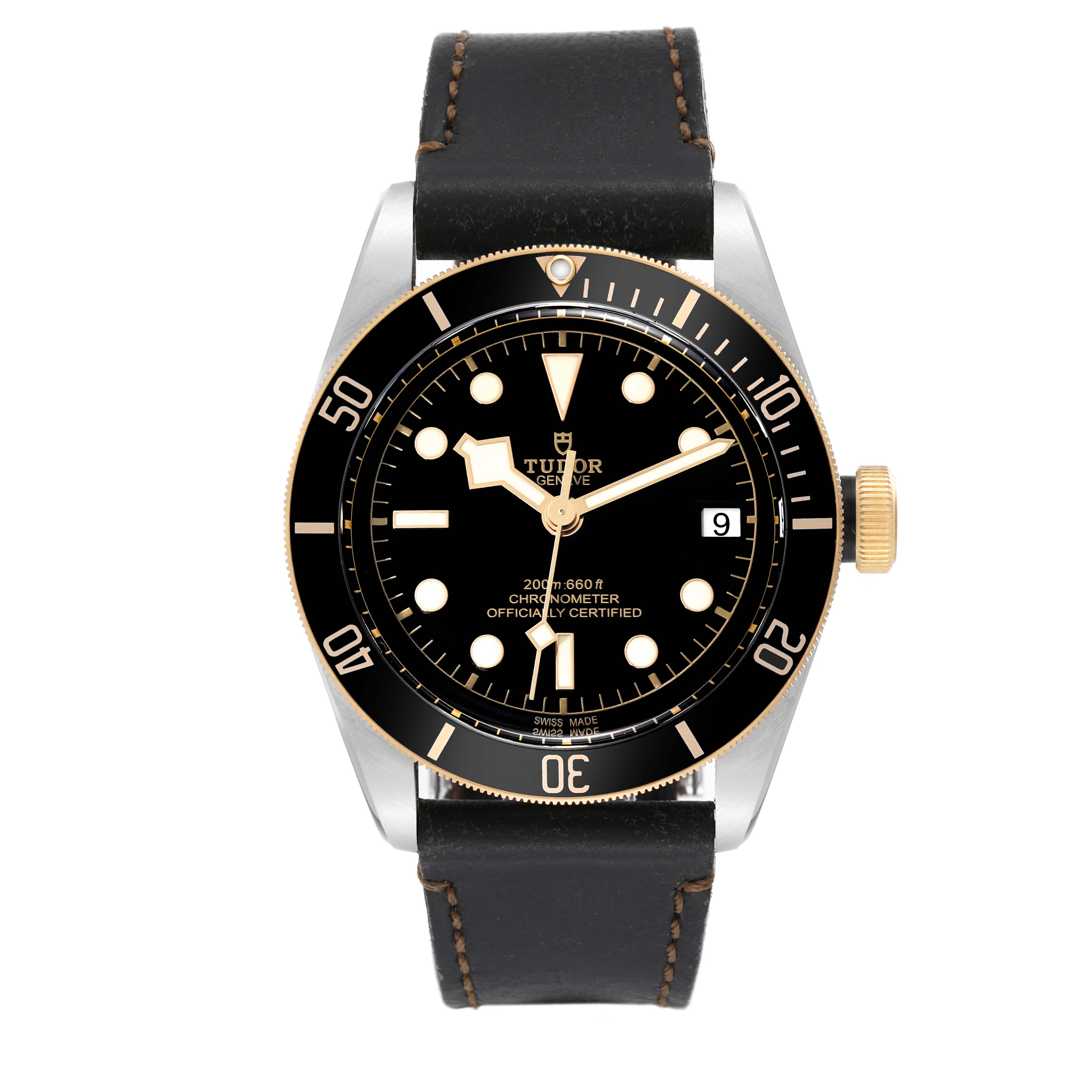 The Tudor Heritage Black Bay 79733N Men
s Steel and Gold (two tone) Black Dial 79733N Men
s Steel and Gold (two tone) Black Dial watch is shown from a front angle, highlighting the face, bezel, crown, and strap.