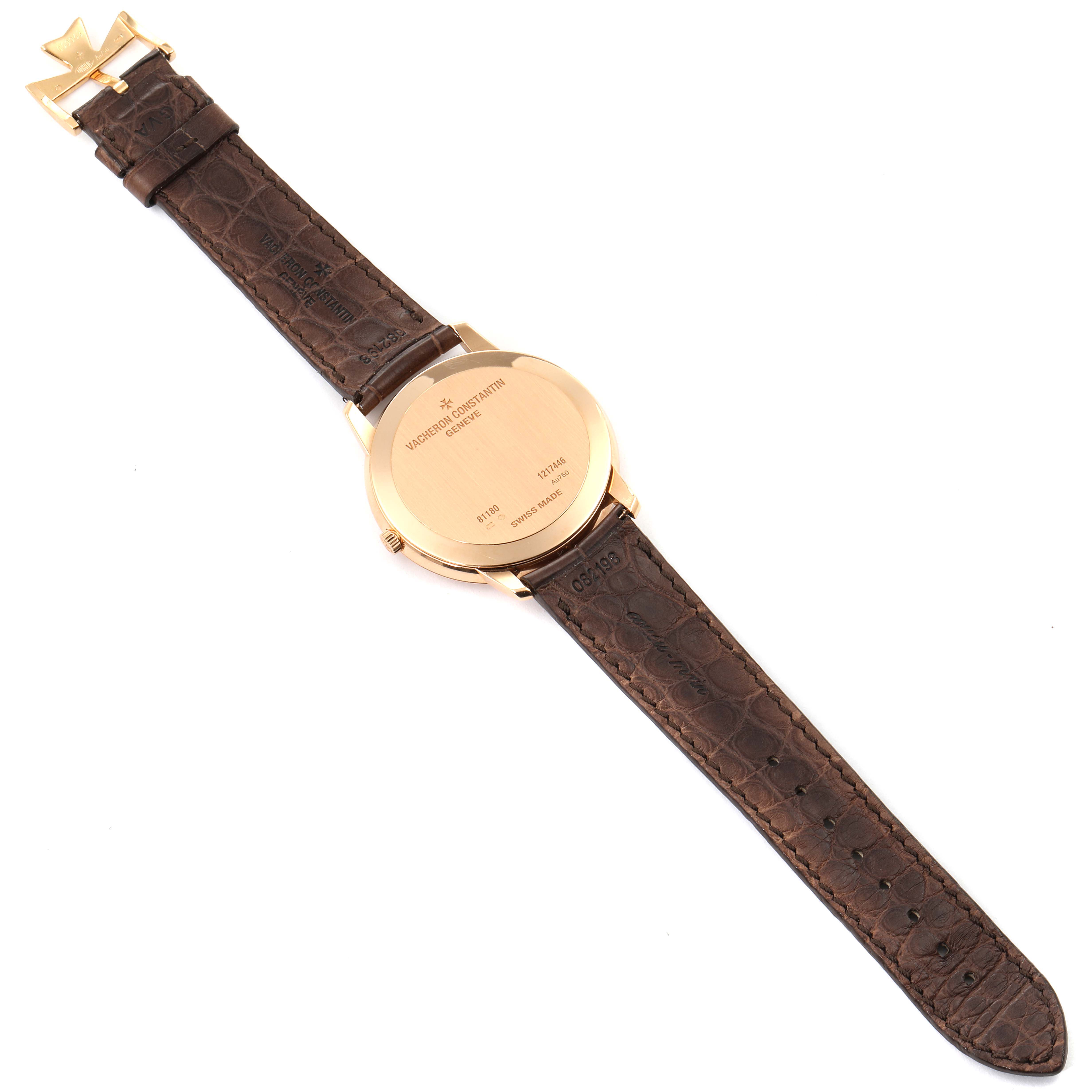 The image shows the back view of a Vacheron Constantin Patrimony 81180/000R-9159 Men's Rose Gold Silver Dial 81180/000R-9159 Men's Rose Gold Silver Dial watch, highlighting the case back and brown leather strap.