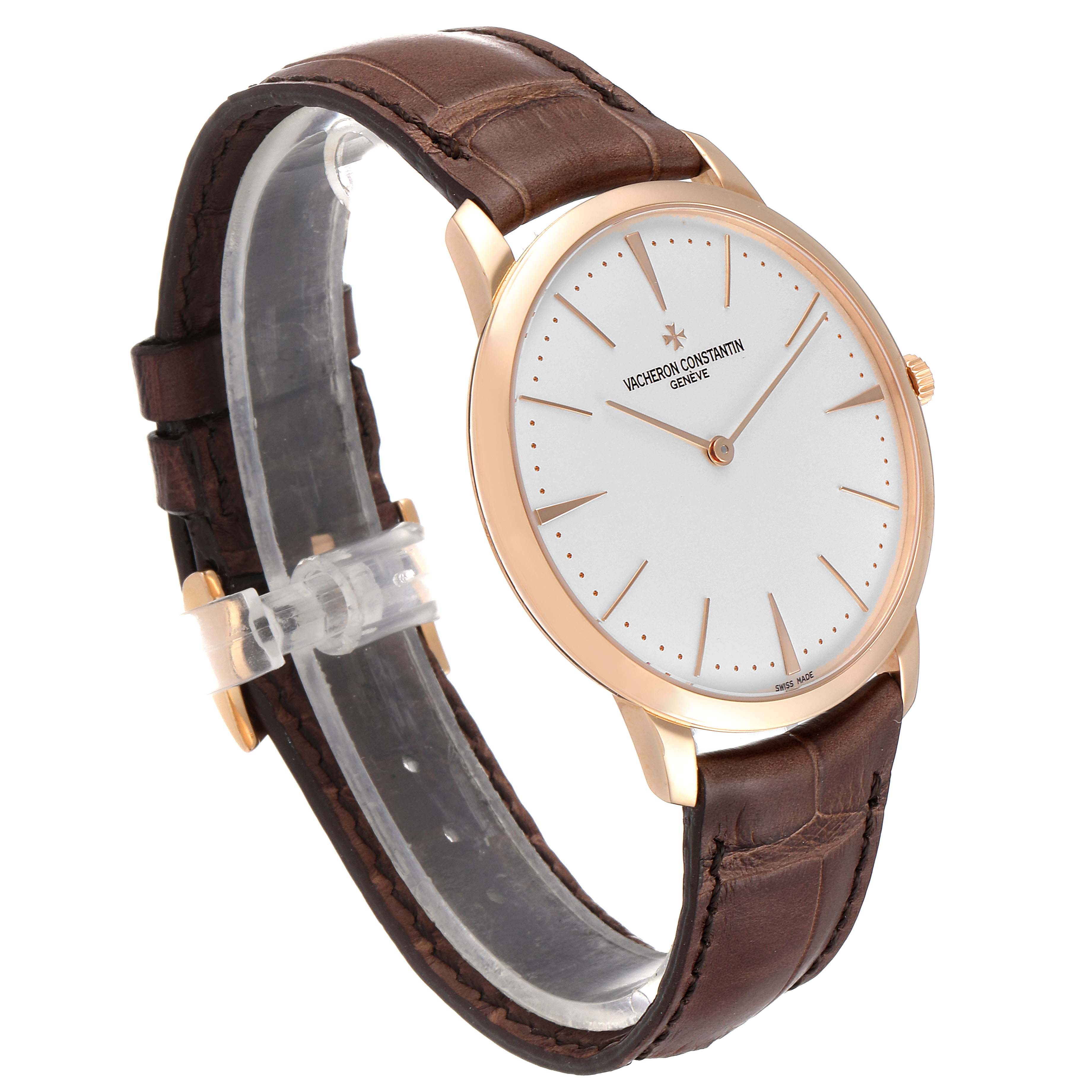 The Vacheron Constantin Patrimony 81180/000R-9159 Men's Rose Gold Silver Dial 81180/000R-9159 Men's Rose Gold Silver Dial watch is shown at a slight angle, displaying its face and brown leather strap.