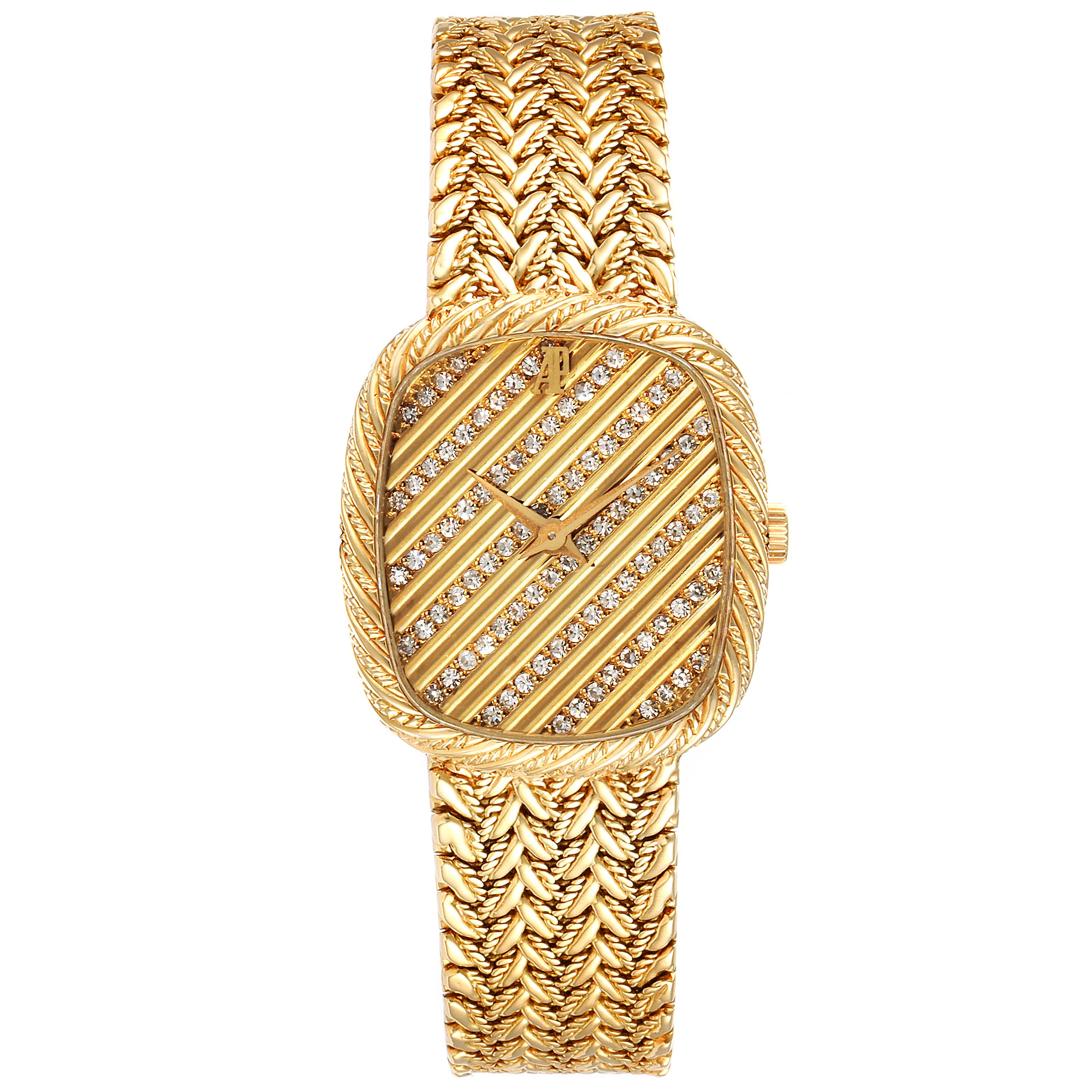 The Audemars Piguet Vintage Women's Yellow Gold Champagne Dial watch is shown from a top-down angle, highlighting its gold woven bracelet and diamond-studded dial.