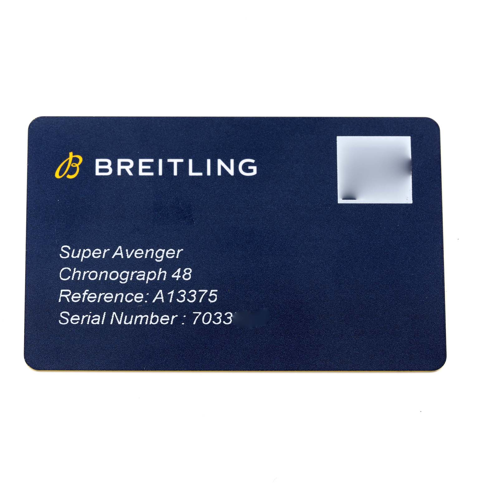 The image shows a certification card for a Breitling Super Avenger Chronograph 48 watch, displaying the model, reference, and serial number.