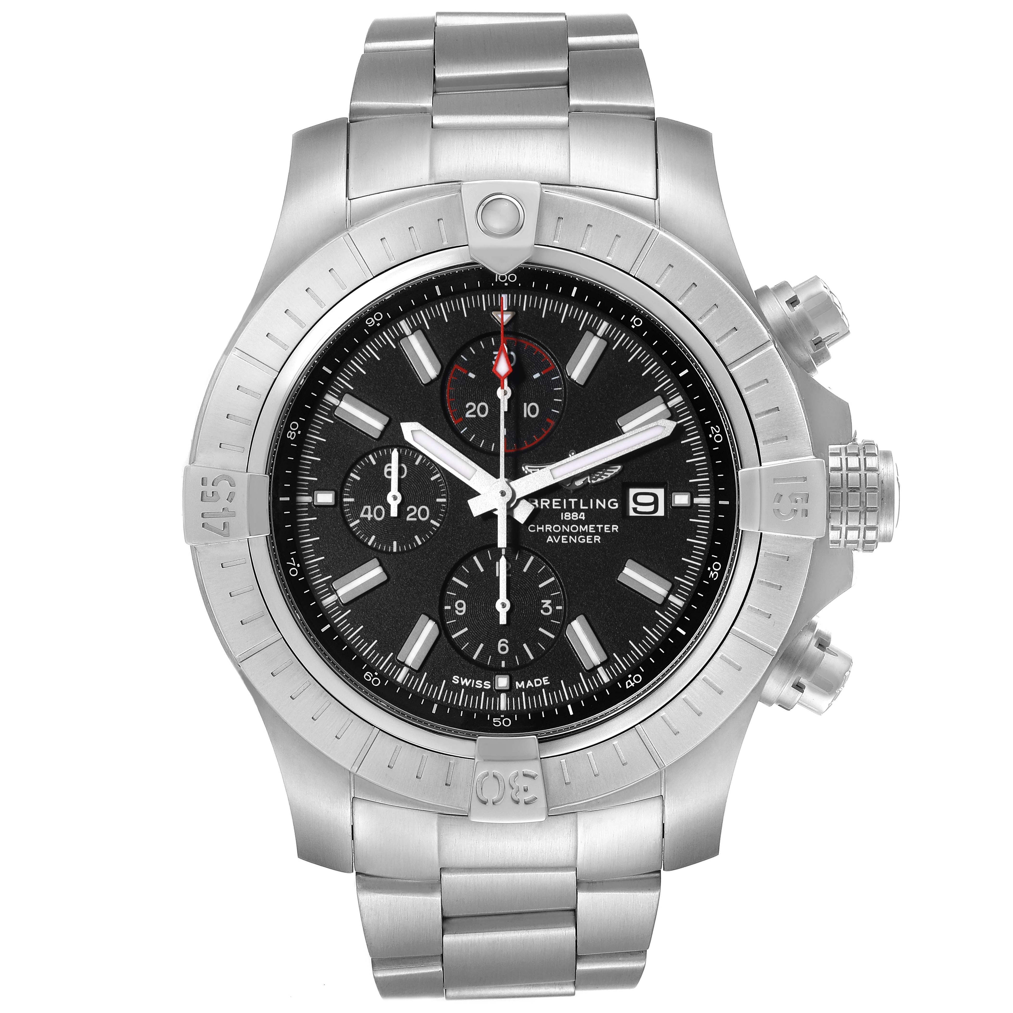 The image shows a front view of the Breitling Avenger A13375 Men's Stainless Steel Black Dial A13375 Men's Stainless Steel Black Dial watch, highlighting the dial, bezel, and metal bracelet.