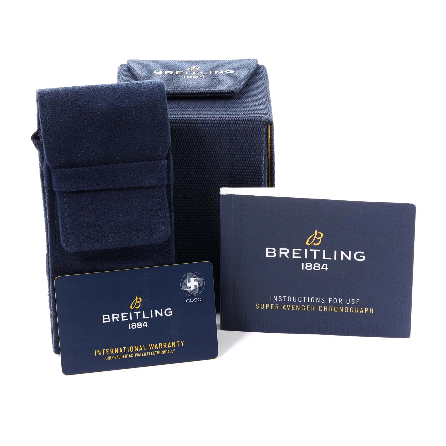 The image shows the accessories of a Breitling Avenger A13375 Men's Stainless Steel Black Dial A13375 Men's Stainless Steel Black Dial watch, including a pouch, box, warranty card, and instruction manual.