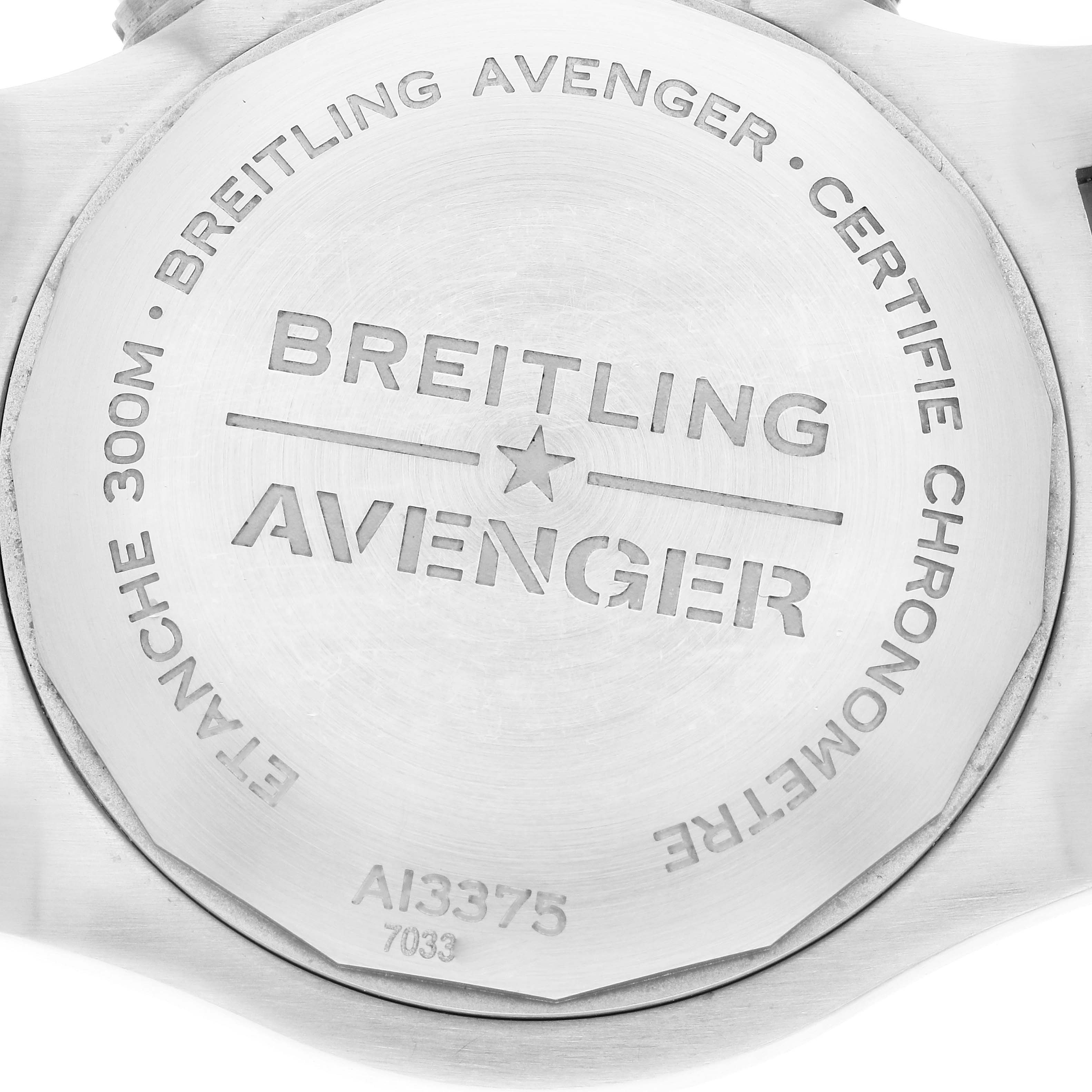 The image shows the back case of a Breitling Avenger A13375 Men's Stainless Steel Black Dial A13375 Men's Stainless Steel Black Dial watch, highlighting engravings and certification details.
