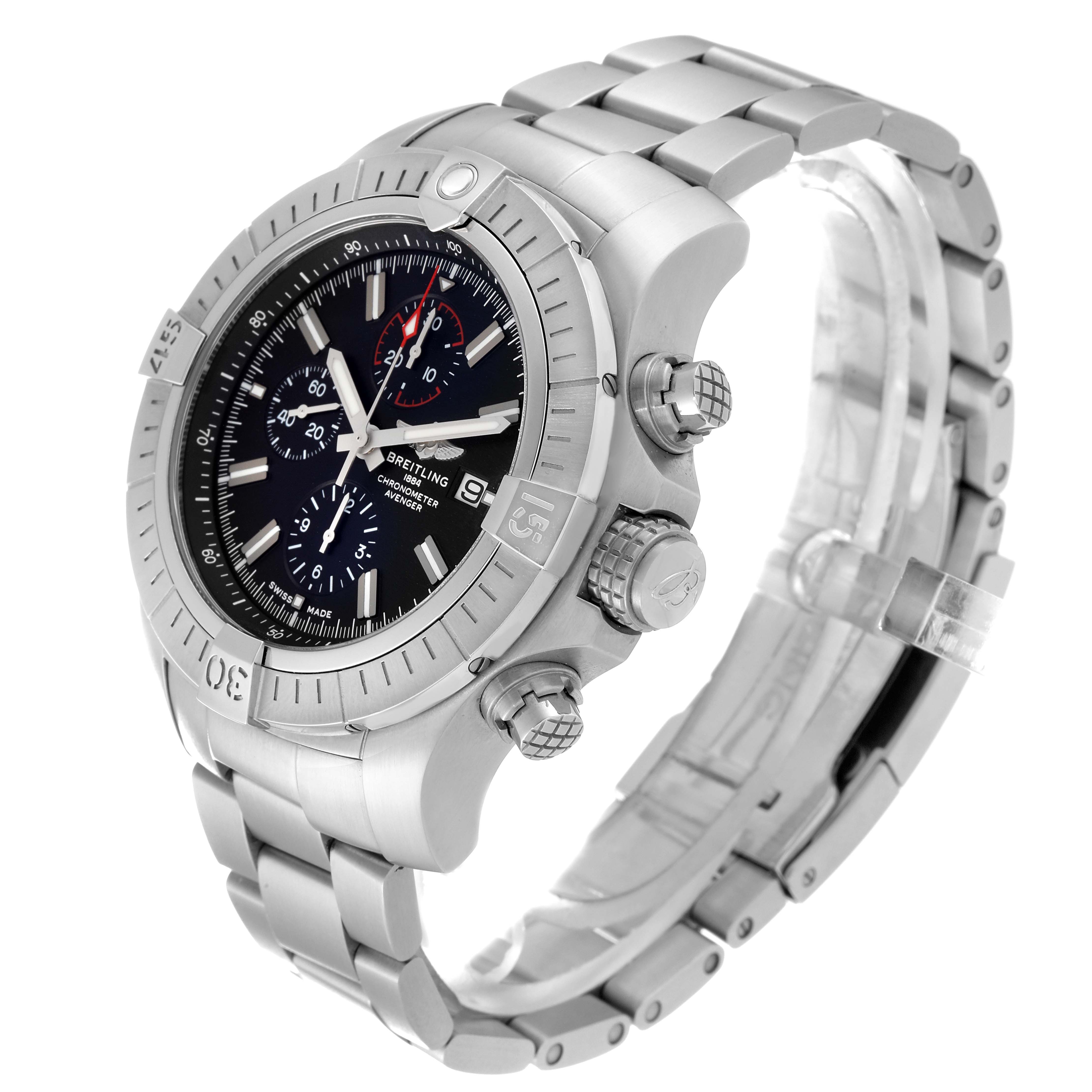 The Breitling Avenger A13375 Men's Stainless Steel Black Dial A13375 Men's Stainless Steel Black Dial watch is shown at a slight angle from the front, highlighting the bezel, dial, and bracelet.