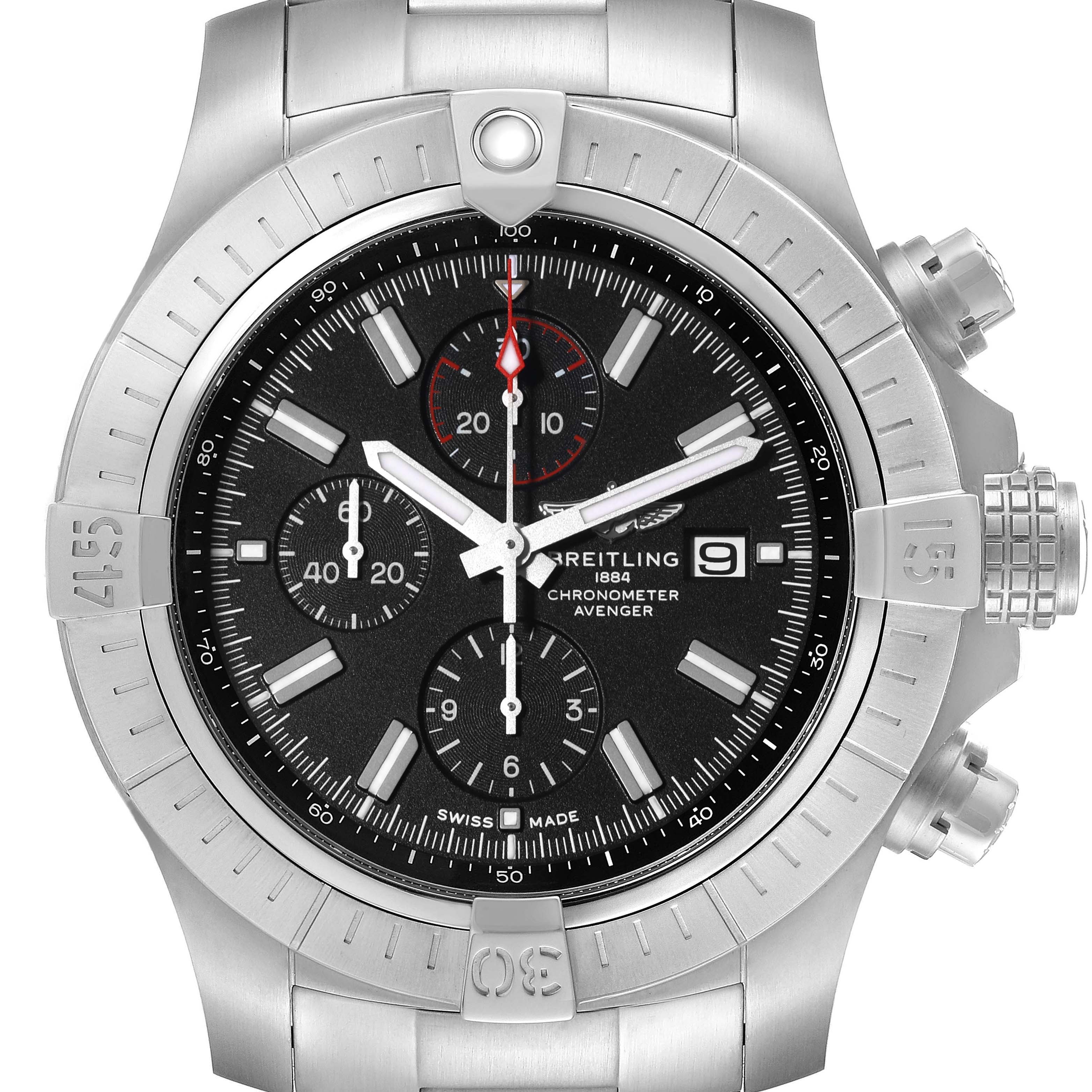This image shows a front view of the Breitling Avenger A13375 Men's Stainless Steel Black Dial A13375 Men's Stainless Steel Black Dial watch, highlighting its dial, chronograph sub-dials, and bezel.