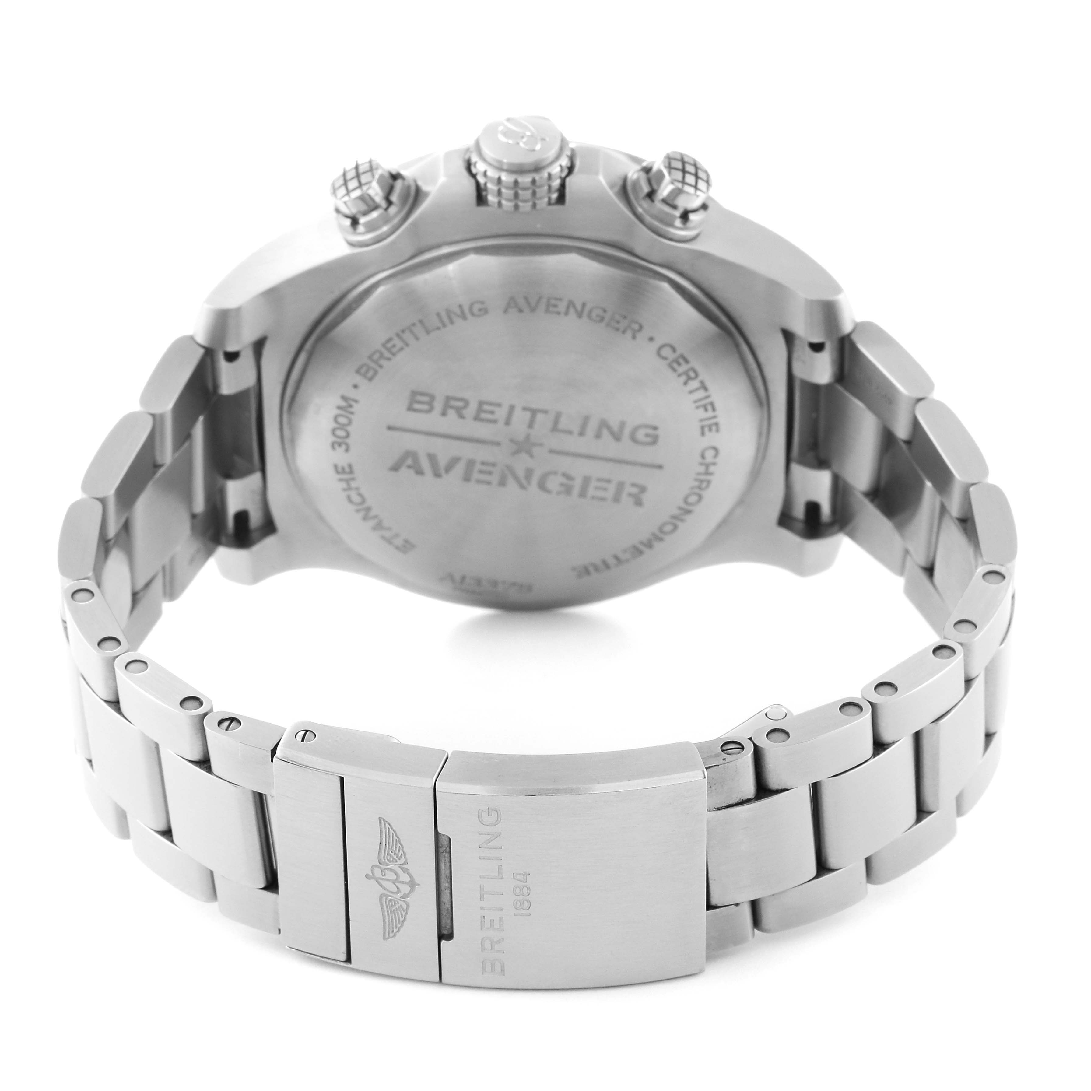 The image shows the back of the Breitling Avenger A13375 Men's Stainless Steel Black Dial A13375 Men's Stainless Steel Black Dial watch and part of its metal bracelet.