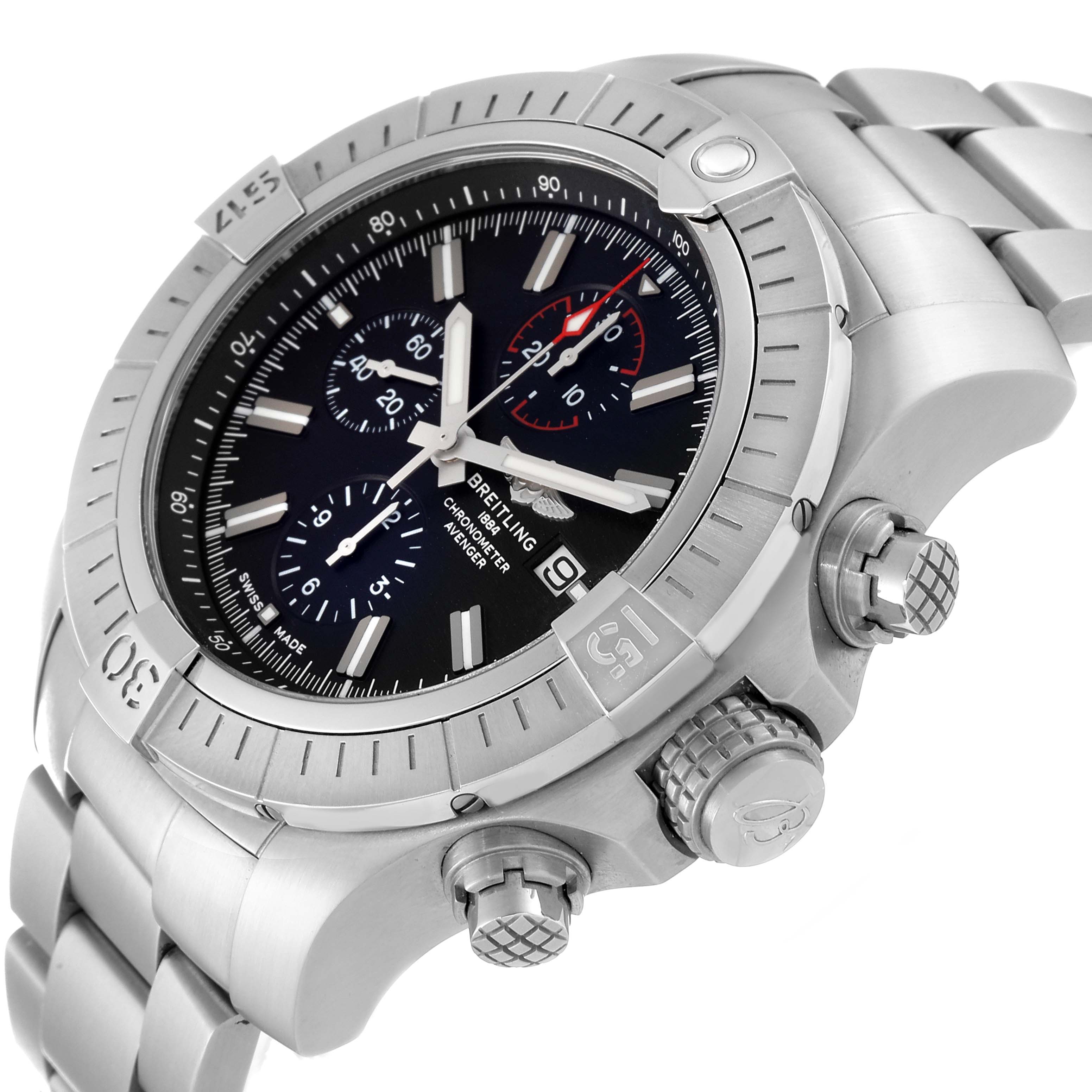 The image shows a close-up side angle of the Breitling Avenger A13375 Men's Stainless Steel Black Dial A13375 Men's Stainless Steel Black Dial watch, displaying the bezel, dial, crown, and chronograph pushers.
